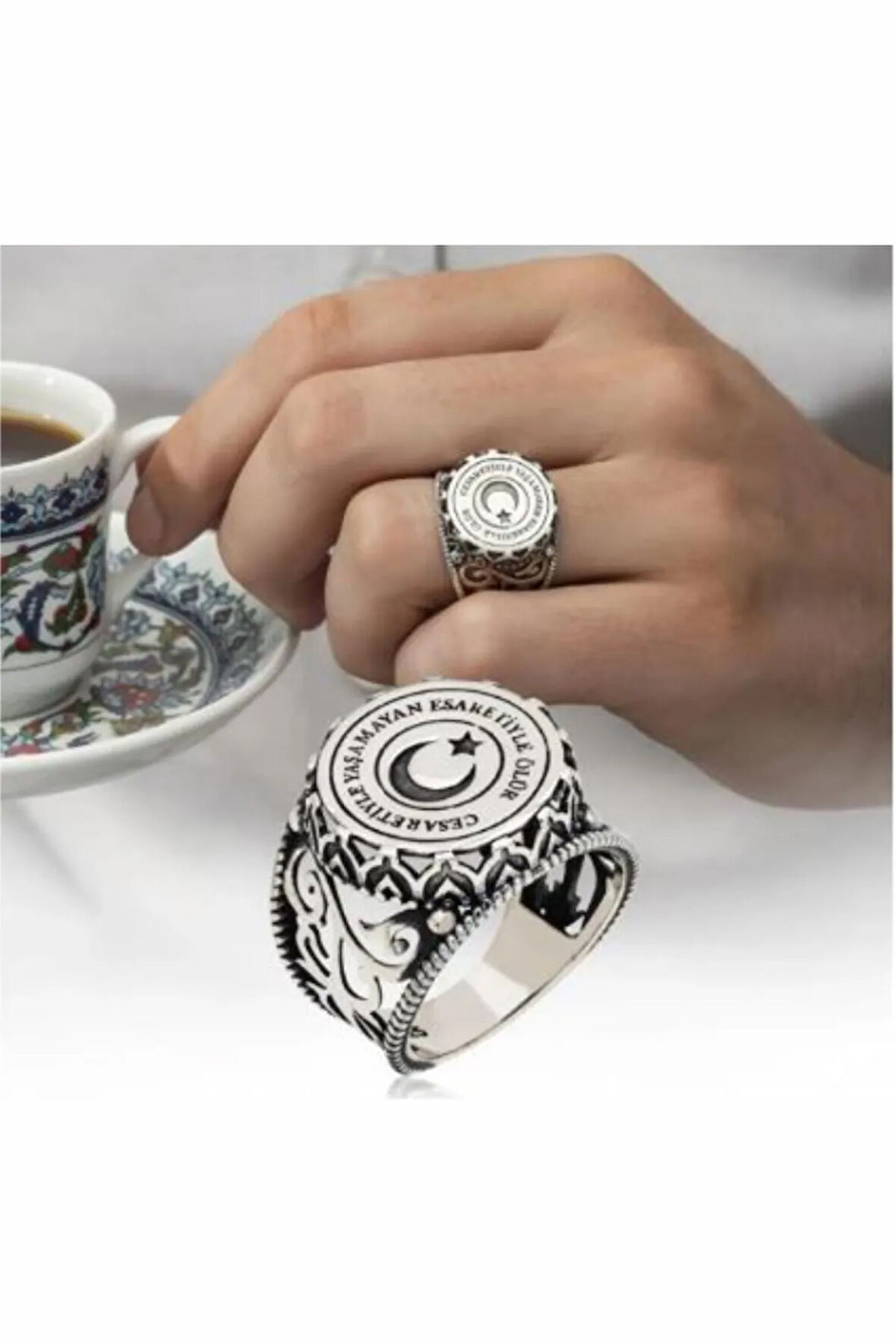 Erkek Gümüş Yüzük - Ay Yıldız İşlemeli 925 Ayar Gümüş Erkek Yüzük