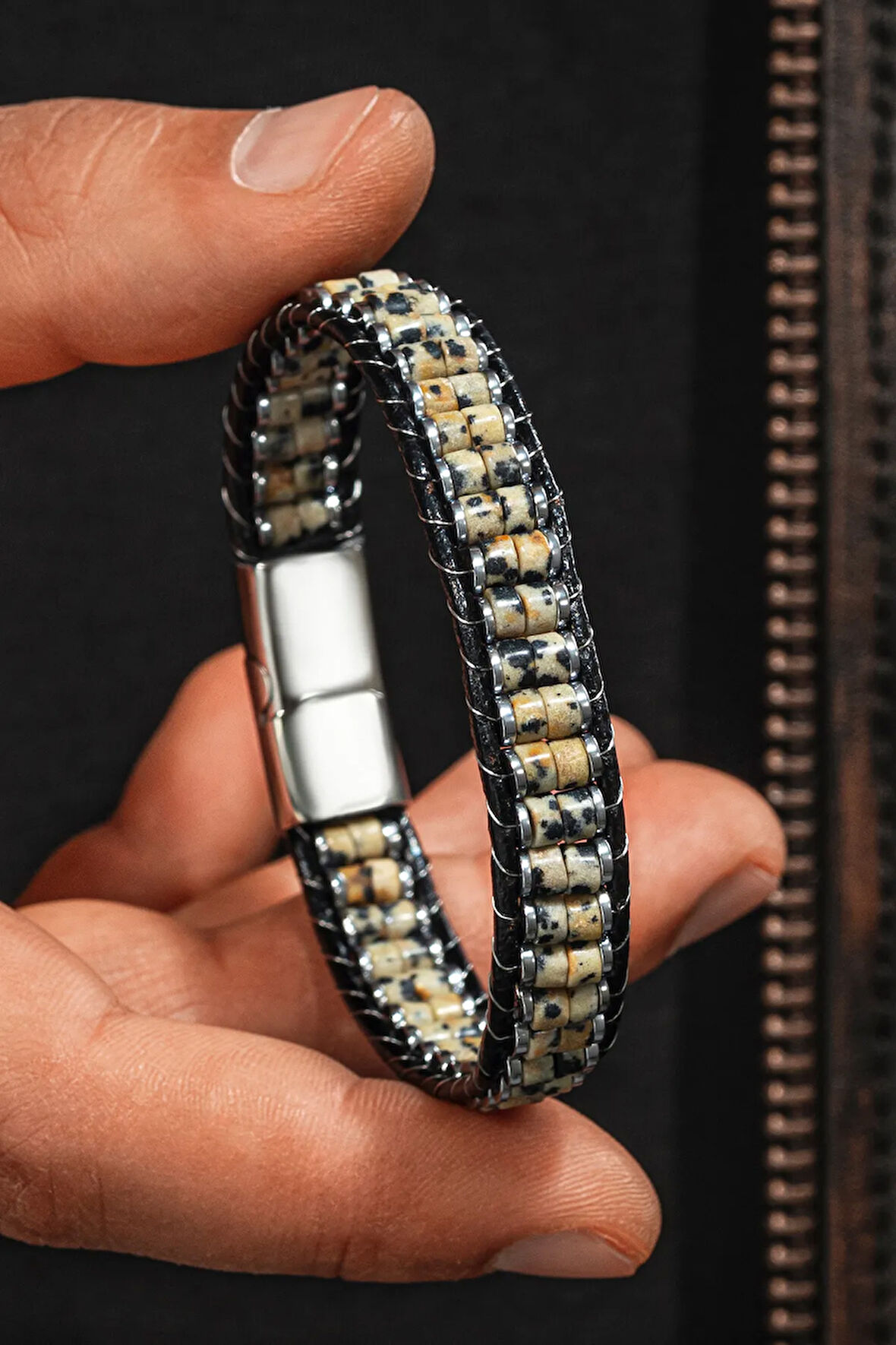 Erkek Kadın Jasper Ve Beyaz Hematit Taşı Deri Kordon Doğal Taş Bileklik