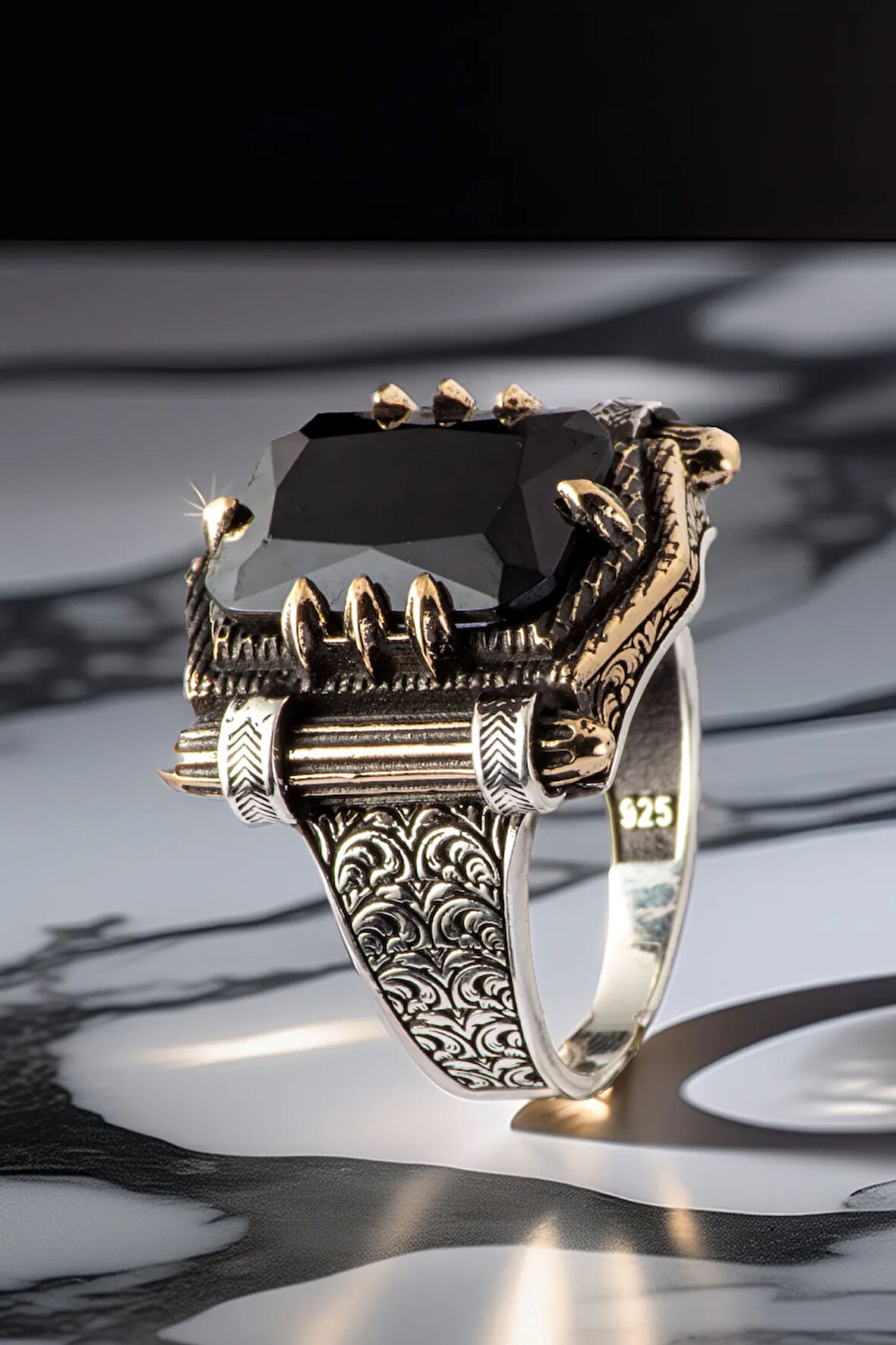 Erkek Siyah Oniks Taşlı Kitap Model 925 Ayar Gümüş Yüzük