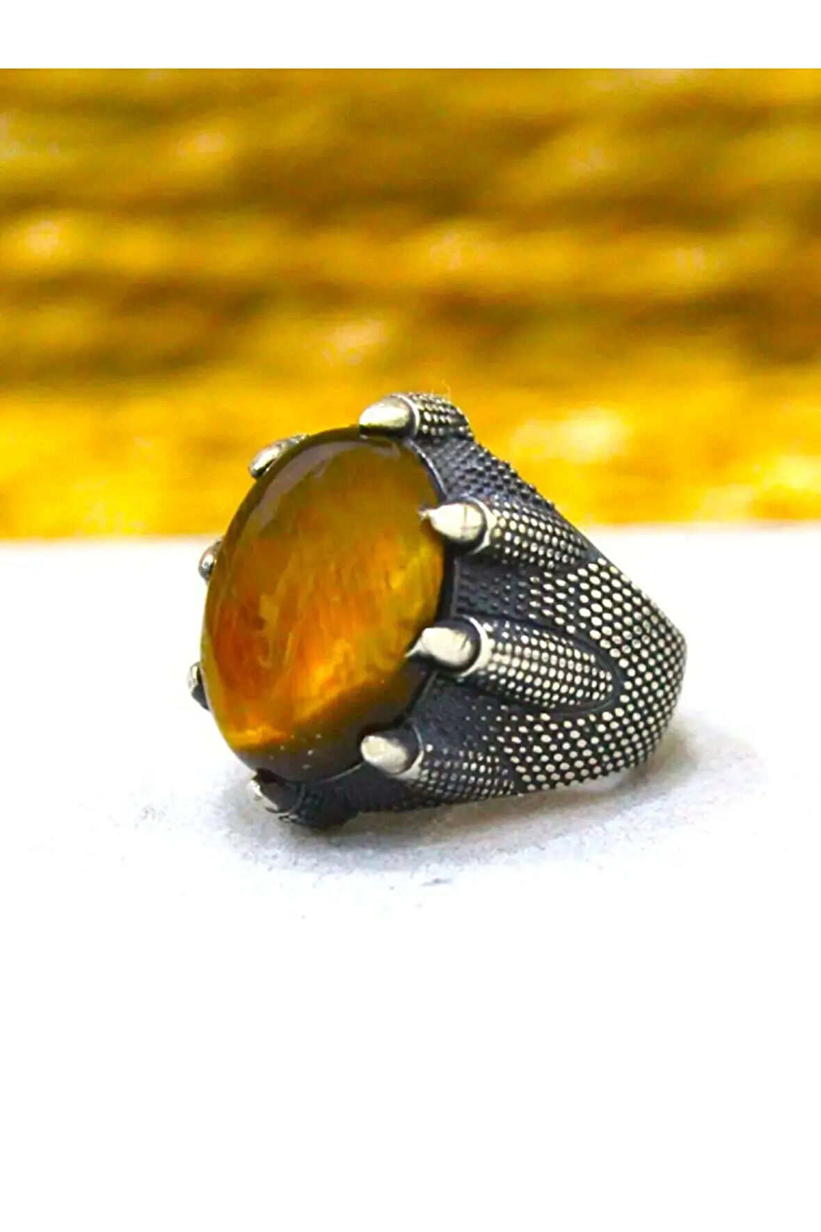 Erkek Gümüş Yüzük - 925 Ayar Gümüş Oval Pençe Model Kaplan Gözü Taşlı Yüzük