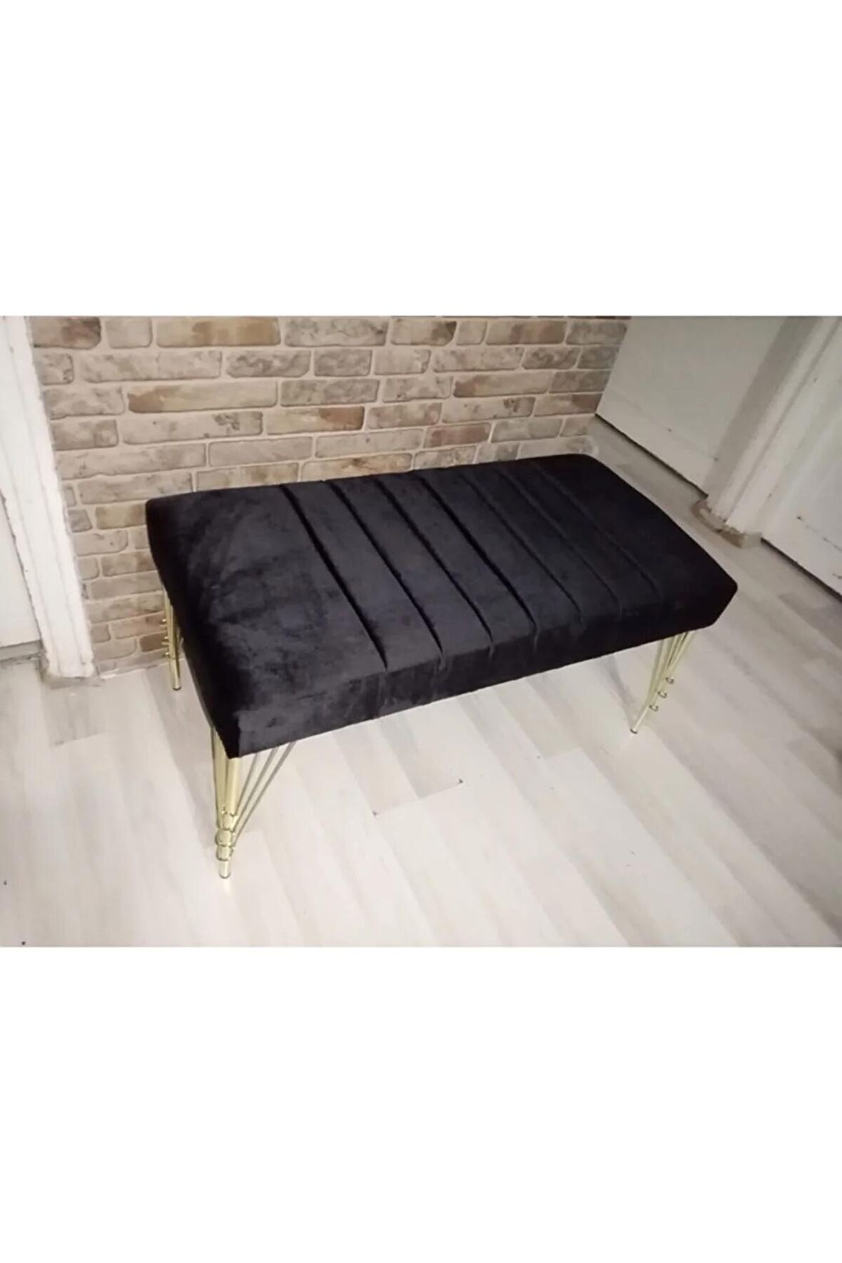 Modern Çizgi Model Puf Ayakucu Bench Gold Metal Ayak 90 Cm
