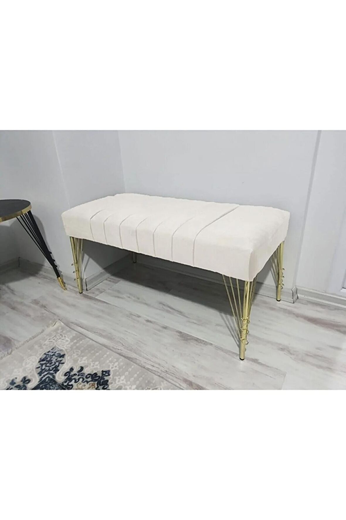 Modern Çizgi Model Puf Ayakucu Bench Gold Metal Ayak 90 Cm