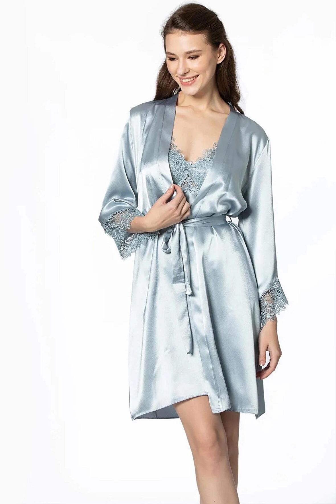 Pierre Cardin 6'lı Saten Gecelik Sabahlık Takım Çeyiz Seti 6040 - Mist
