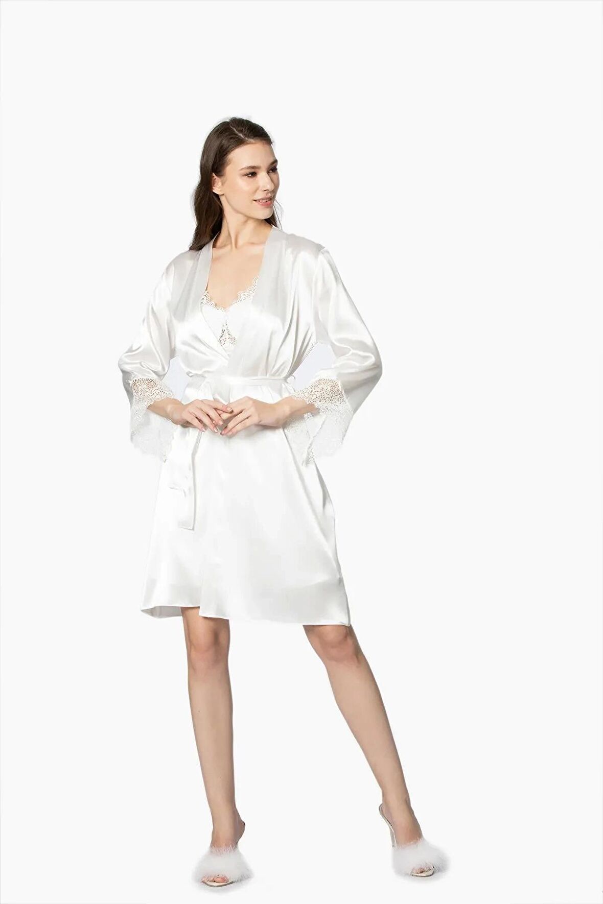 Pierre Cardin 6'lı Saten Gecelik Sabahlık Takım Çeyiz Seti 6040 - Ekru