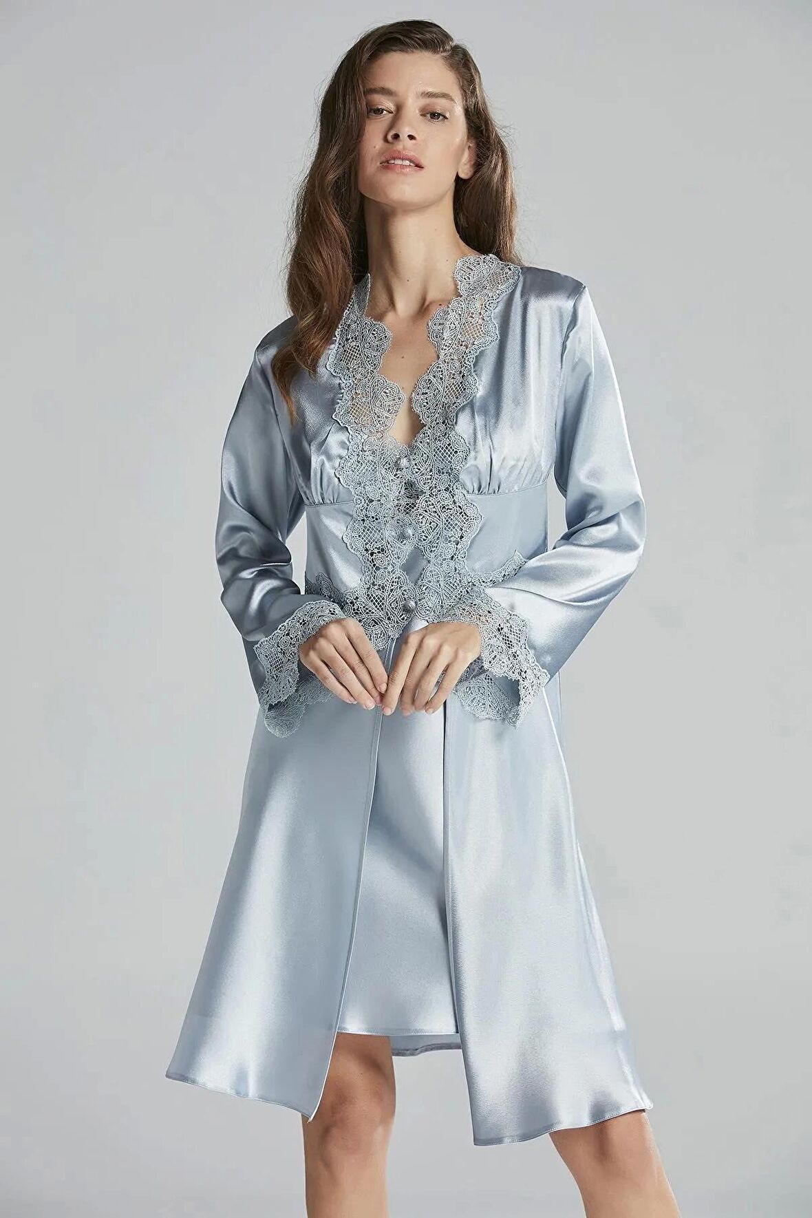 Pierre Cardin 6'lı Saten Gecelik Sabahlık Takım Çeyiz Seti 6335 - Mist