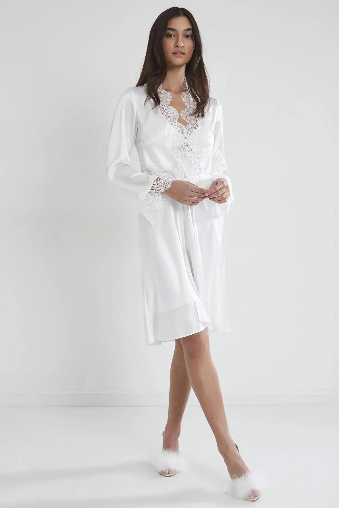 Pierre Cardin 6'lı Saten Gecelik Sabahlık Takım Çeyiz Seti 6335 - Ekru