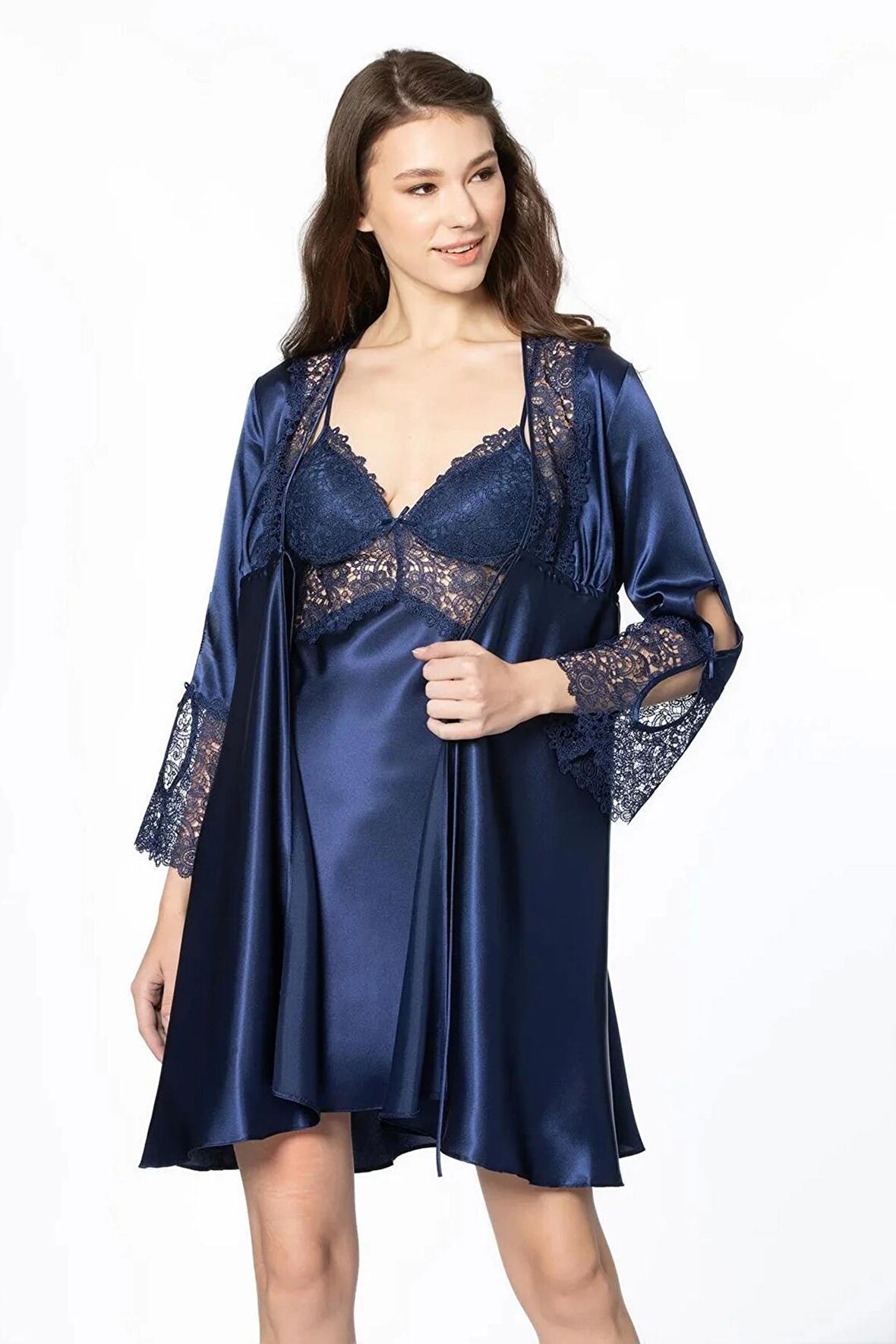 Pierre Cardin 6'lı Saten Gecelik Sabahlık Takım Çeyiz Seti 6625 - Lacivert