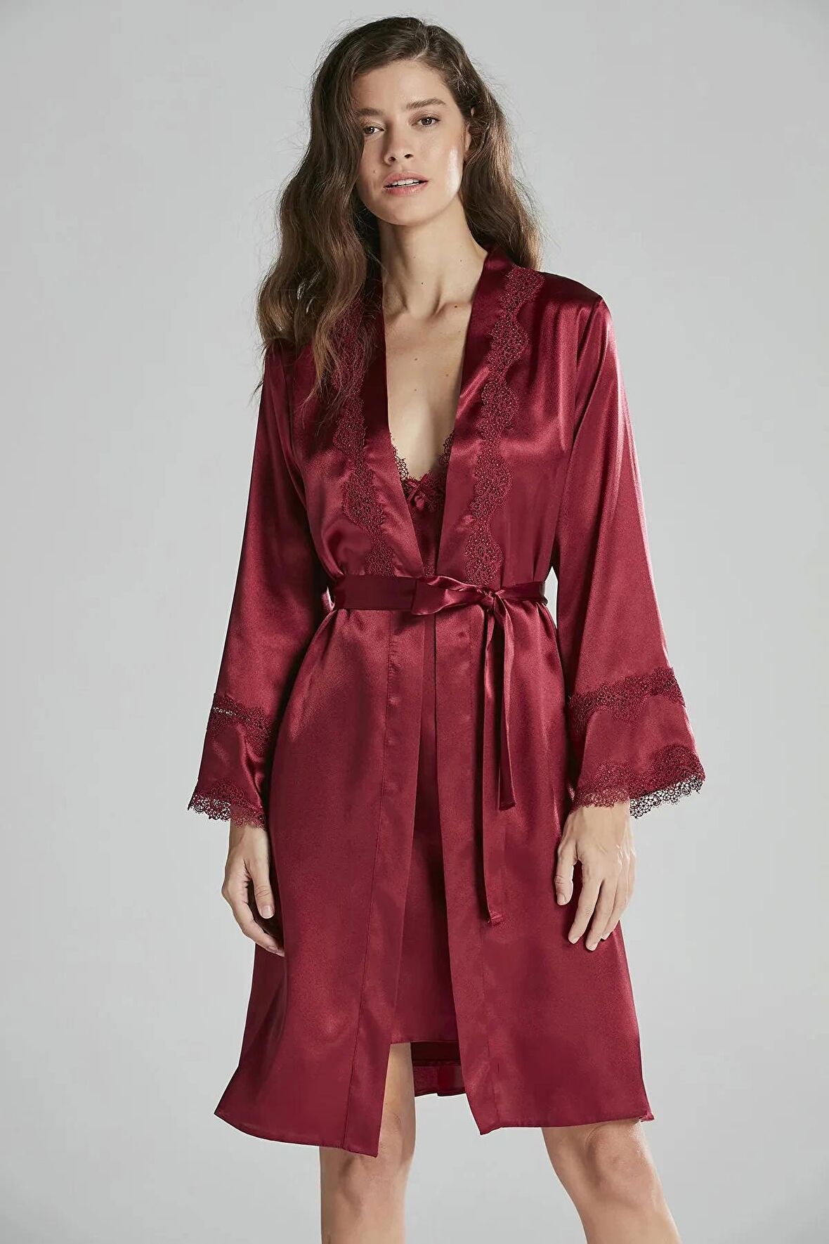 Pierre Cardin 6'lı Saten Gecelik Sabahlık Takım Çeyiz Seti 6965 - Bordo