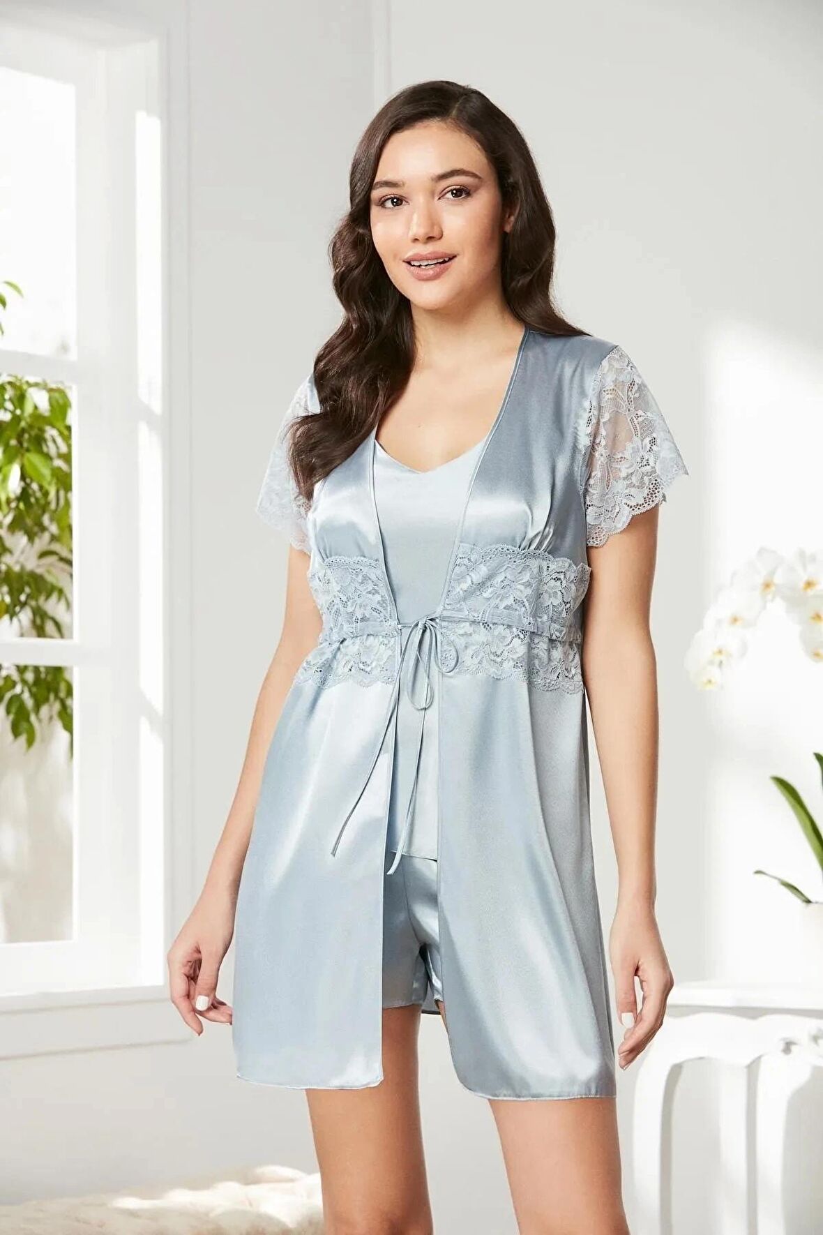 Pierre Cardin Saten Dantelli 3'lü Şort Kombi Sabahlık Takımı 2480 - Mist