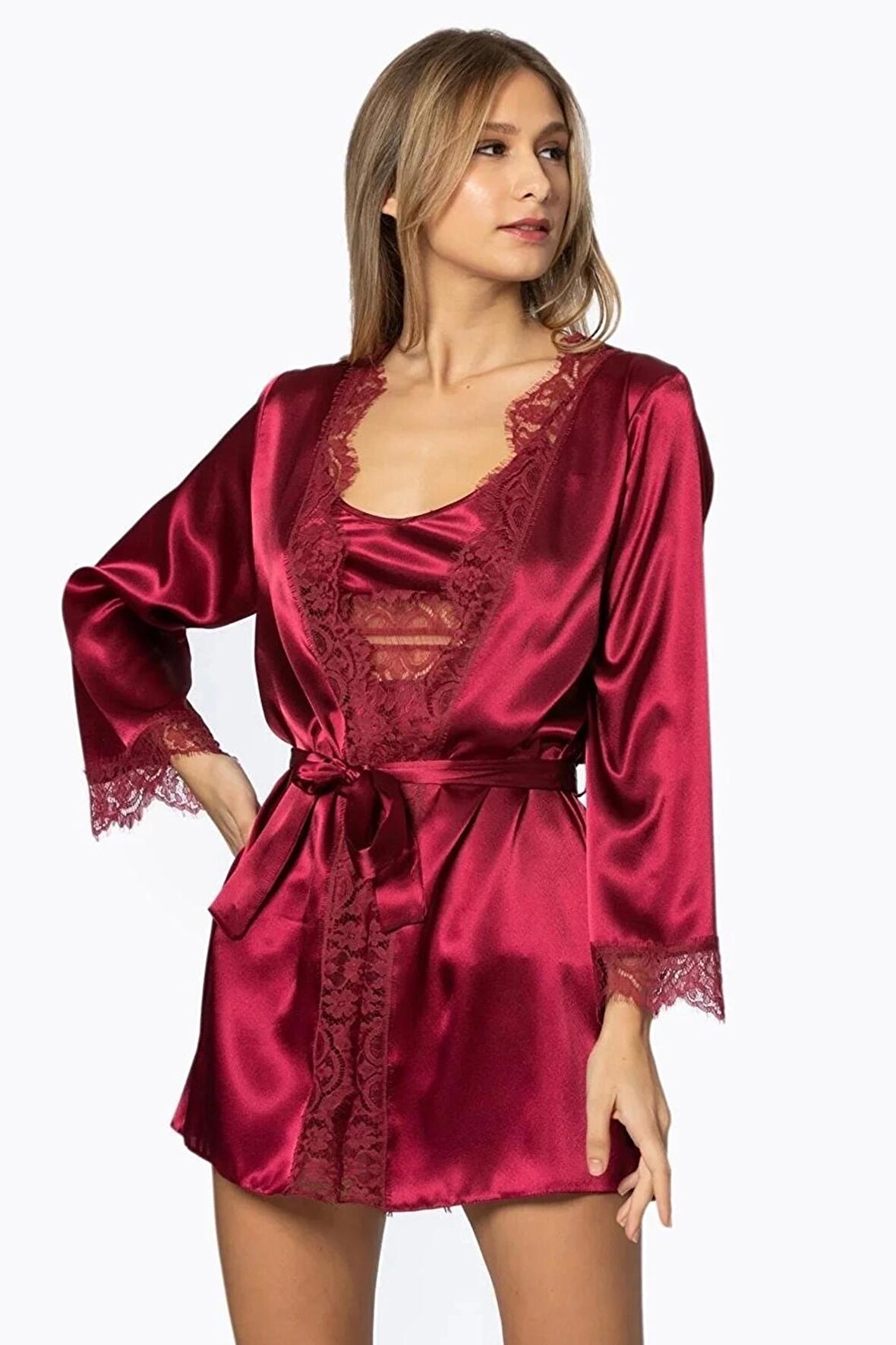 Pierre Cardin Saten Dantelli 3'lü Şort Kombi Sabahlık Takımı 2490 - Bordo