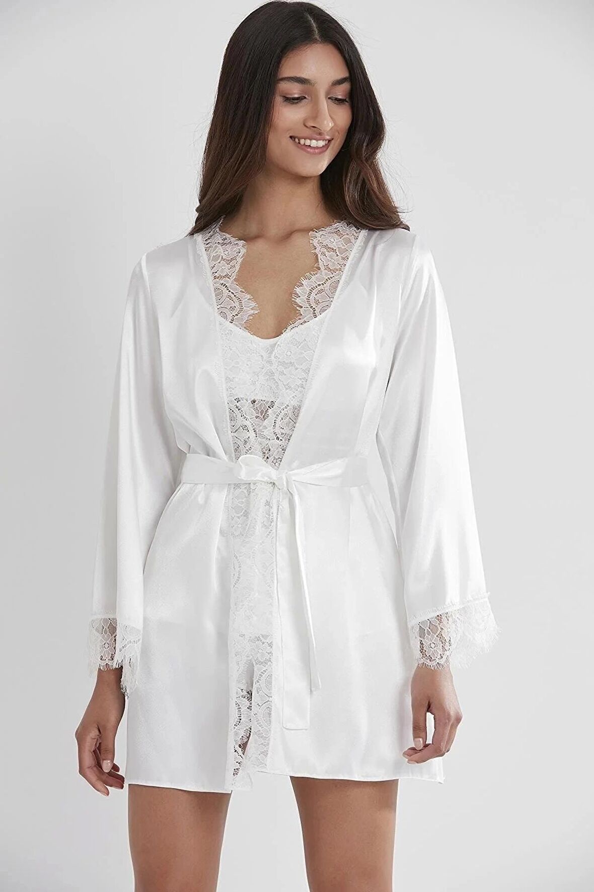 Pierre Cardin Saten Dantelli 3'lü Şort Kombi Sabahlık Takımı 2490 - Ekru