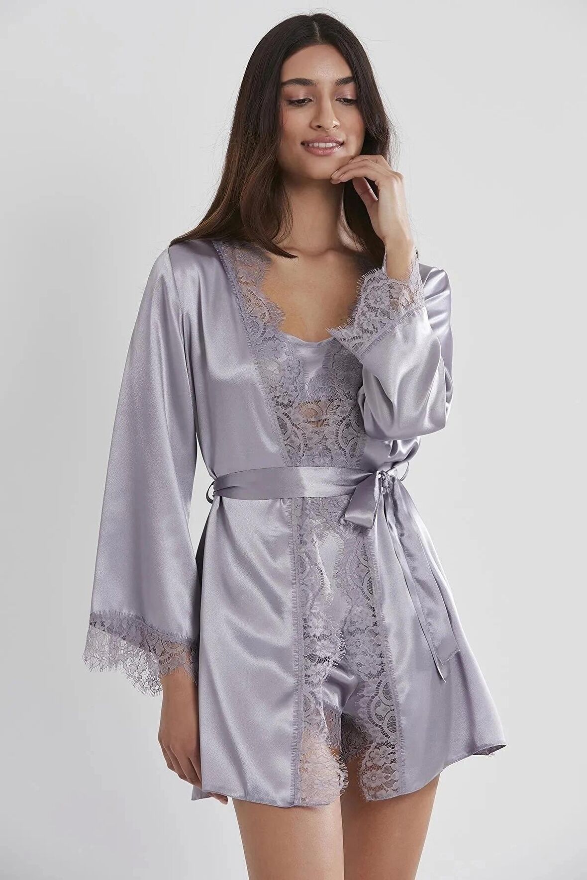 Pierre Cardin Saten Dantelli 3'lü Şort Kombi Sabahlık Takımı 2490 - Royal