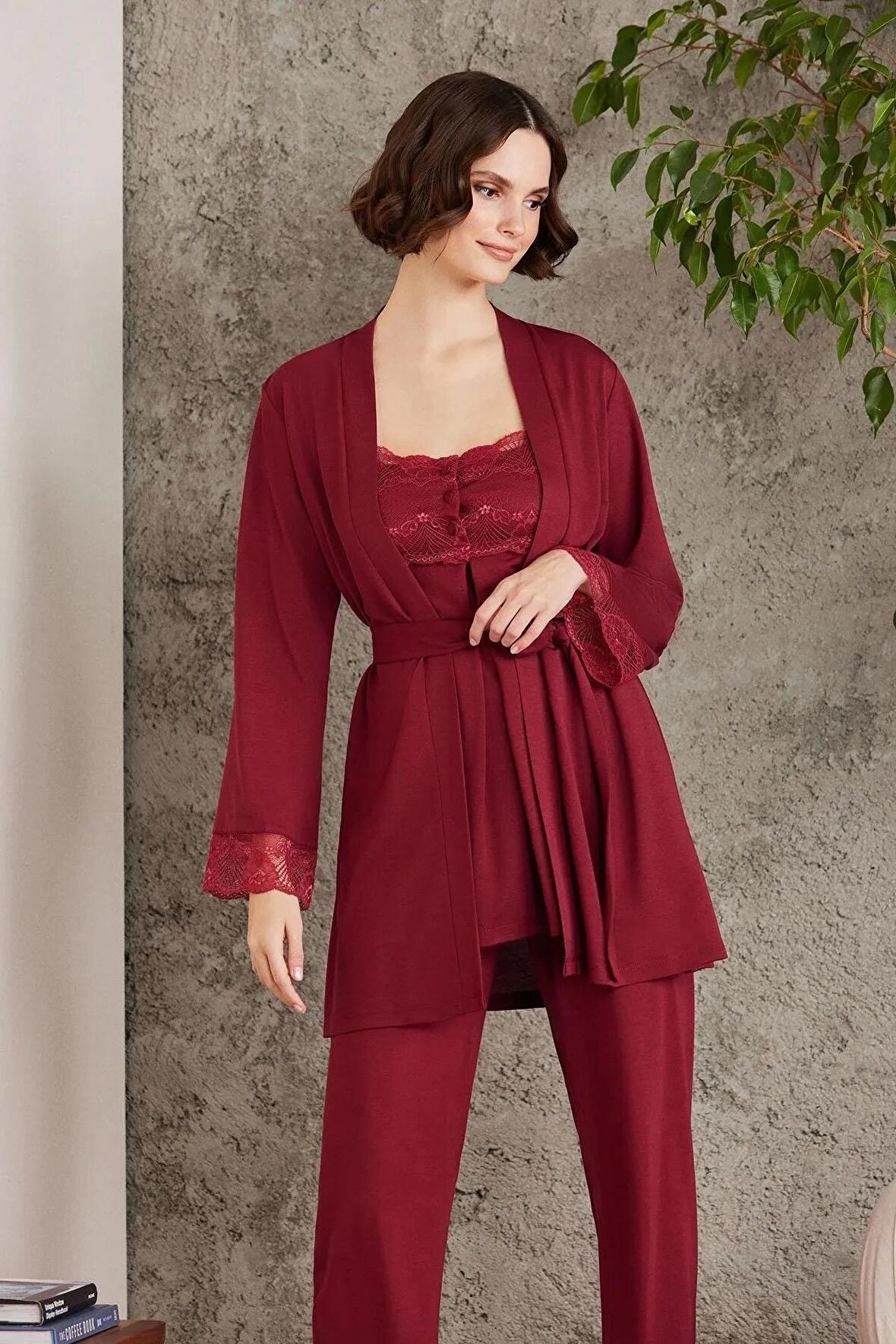 Pierre Cardin Dantelli Penye 3'lü Kadın Lohusa Pijama Takımı 2805 - Bordo