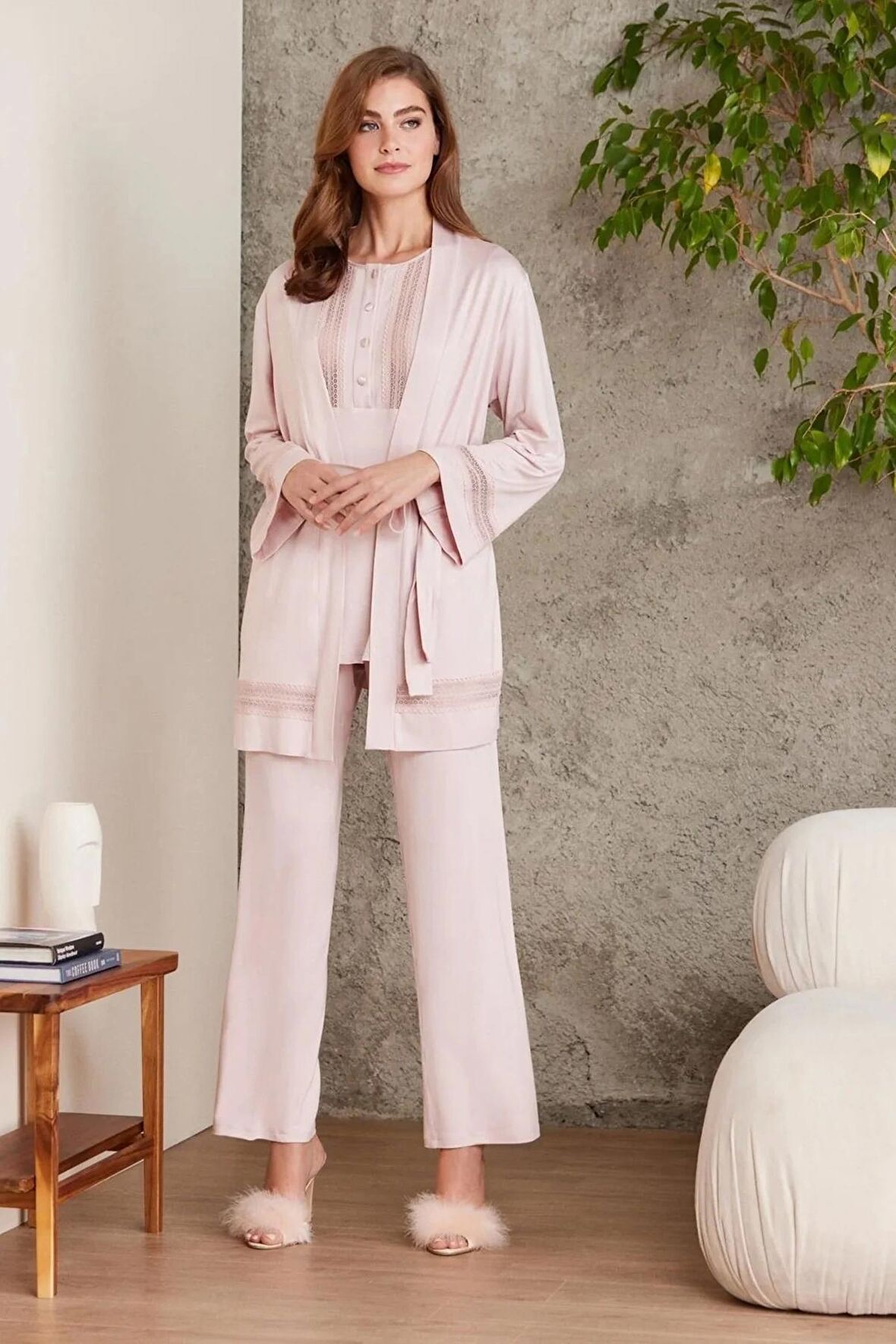 Pierre Cardin Dantelli Penye 3'lü Kadın Pijama Takımı 2800 - Pudra