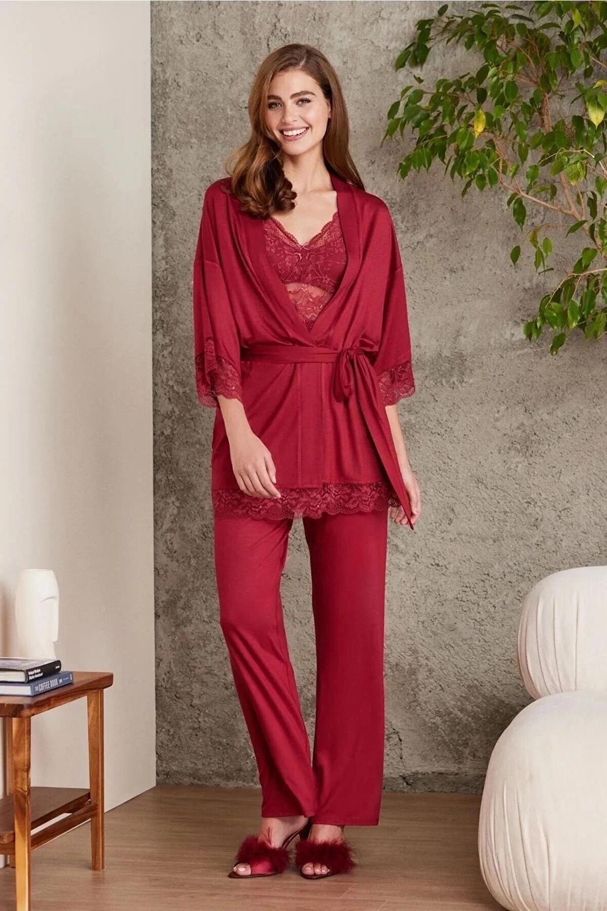 Pierre Cardin Dantelli Penye 3'lü Kadın Pijama Takımı 2810 - Bordo