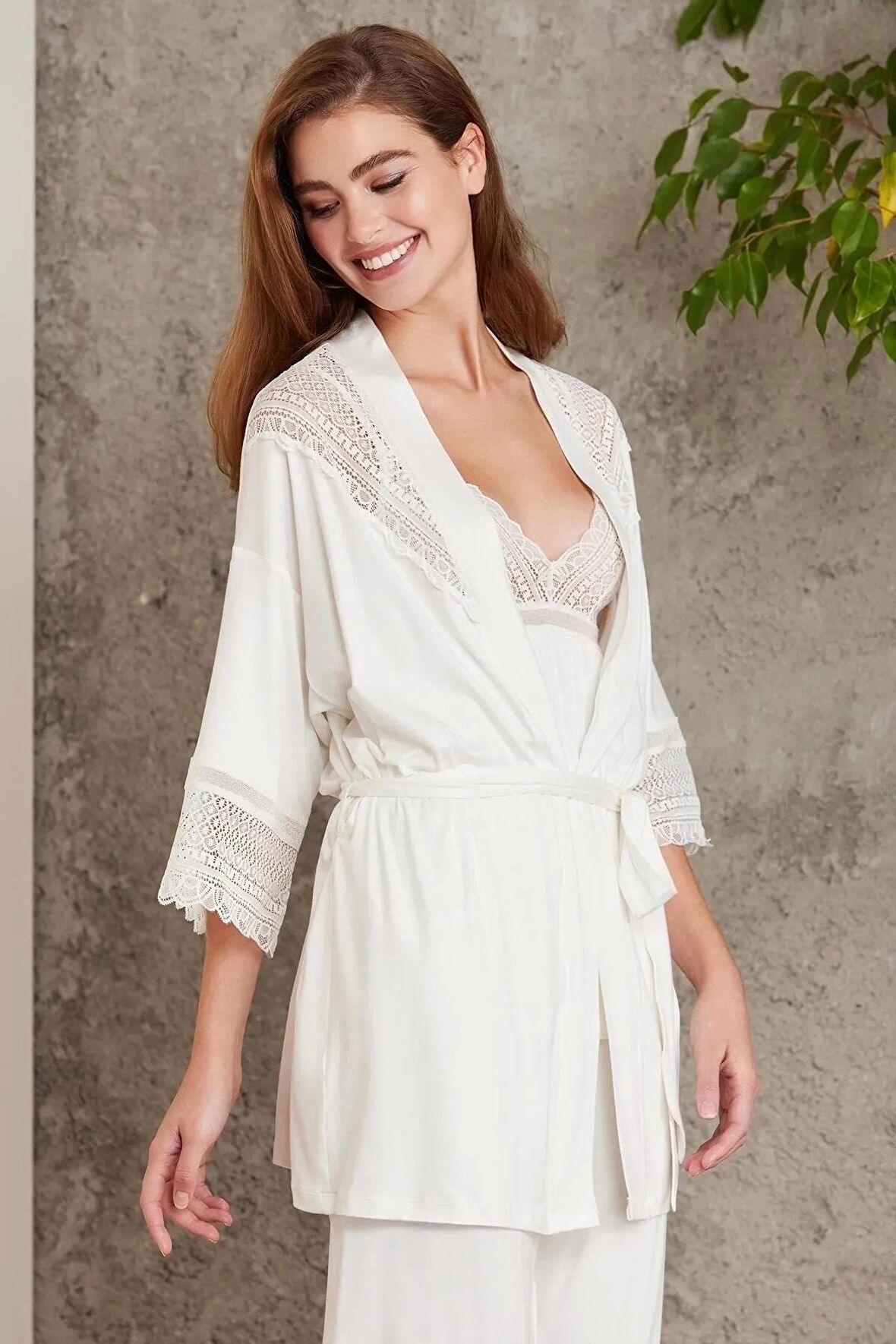 Pierre Cardin Dantelli Penye 3'lü Kadın Pijama Takımı 2820 - Ekru