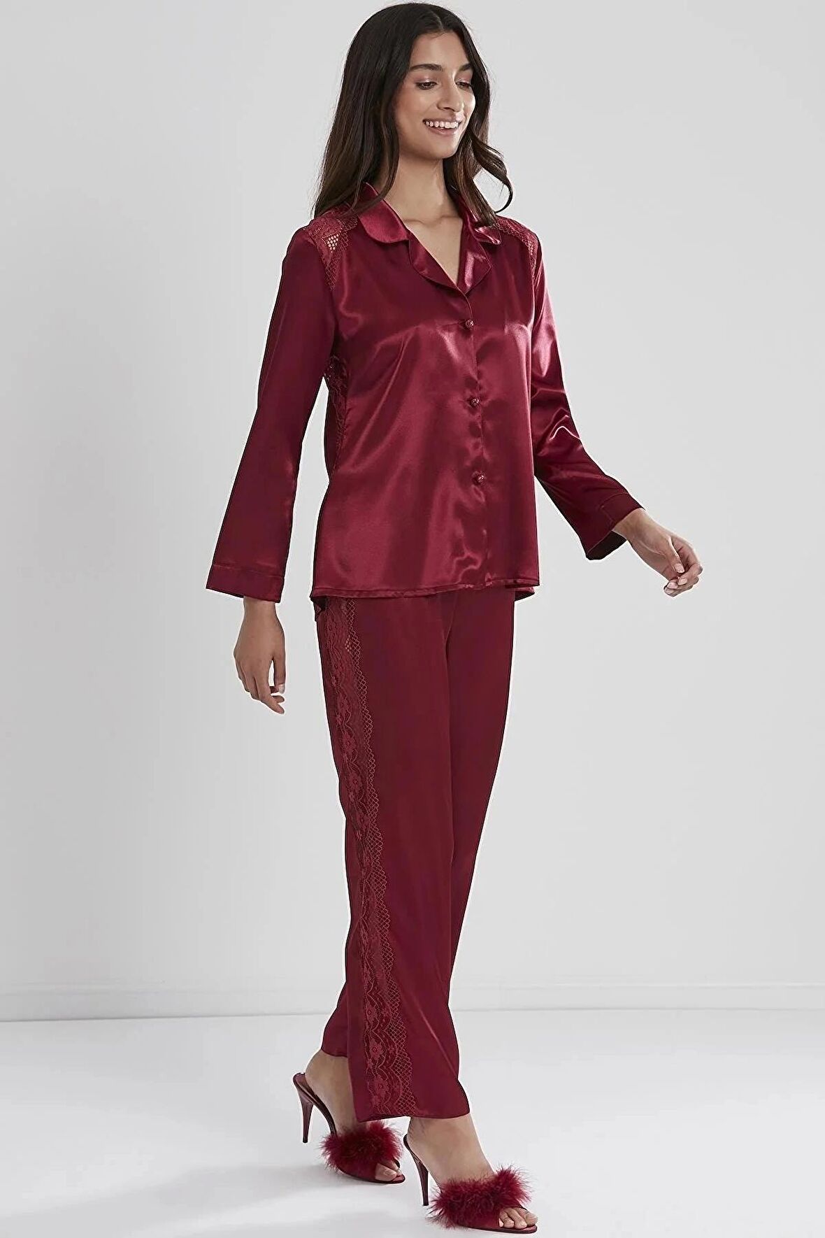 Pierre Cardin Saten Dantelli Pijama Takımı 1438 - Bordo