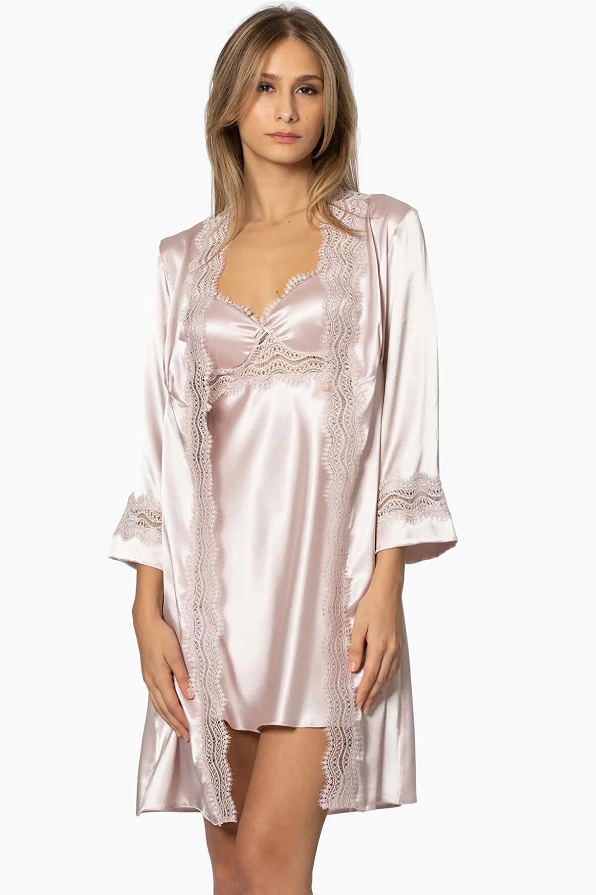 Pierre Cardin 6'lı Saten Gecelik Sabahlık Takım Çeyiz Seti 6010 - Pudra