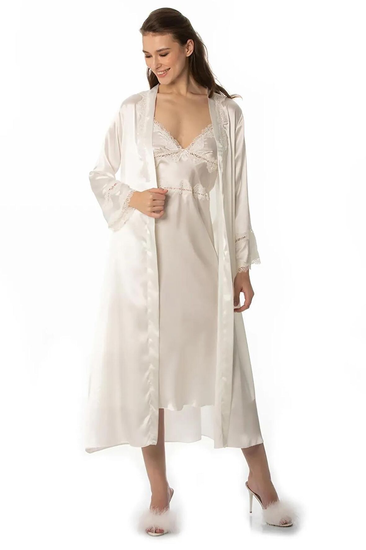 Pierre Cardin 6'lı Saten Gecelik Sabahlık Takım Çeyiz Seti 6960 - Ekru