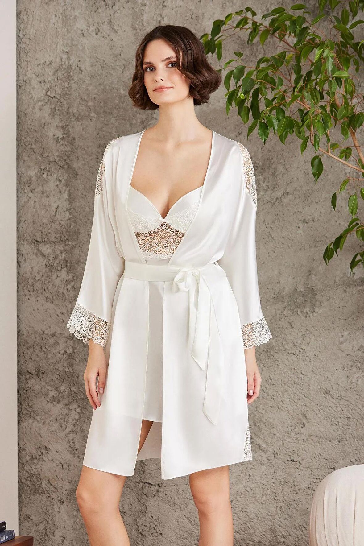 Pierre Cardin 6'lı Saten Gecelik Sabahlık Takım Çeyiz Seti 6000 - Ekru