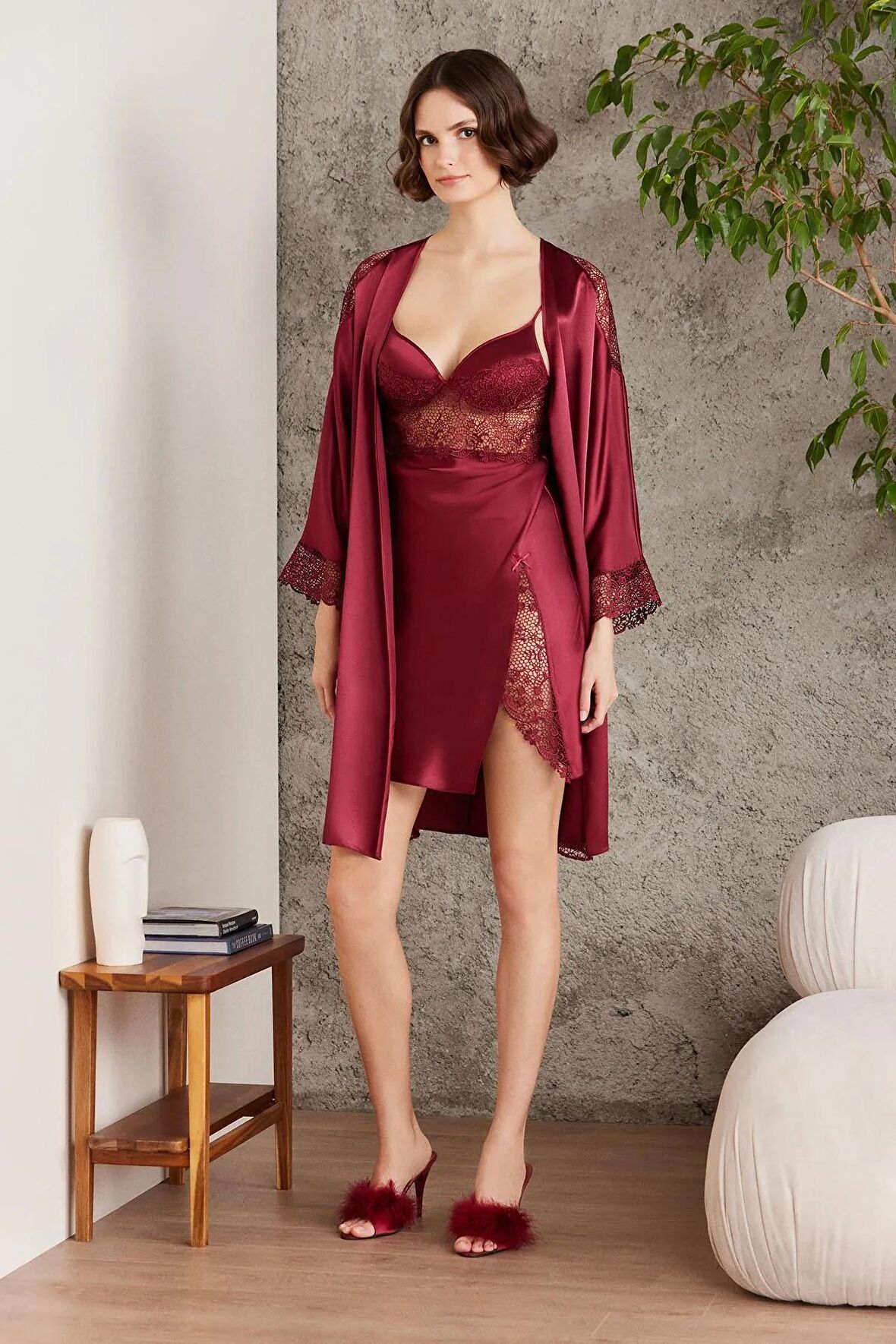 Pierre Cardin 6'lı Saten Gecelik Sabahlık Takım Çeyiz Seti 6000 - Bordo