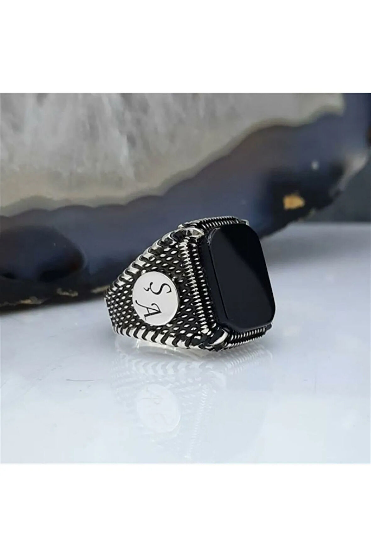 Erkek Gümüş Yüzük - Harf Yazılabilir Oniks Taşlı Erkek Yüzük