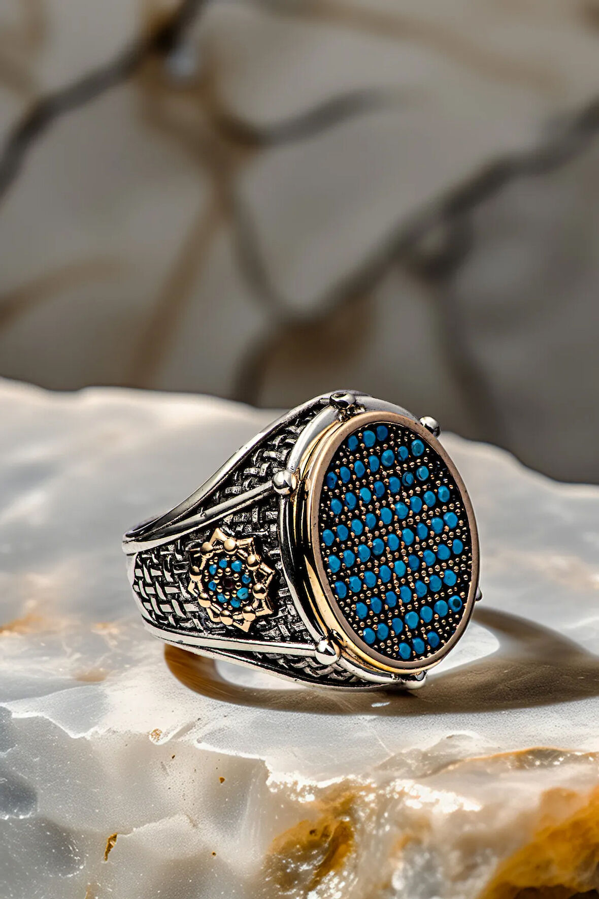 Erkek Turkuaz Zirkon Taşlı Oval Model 925 Ayar Gümüş Yüzük