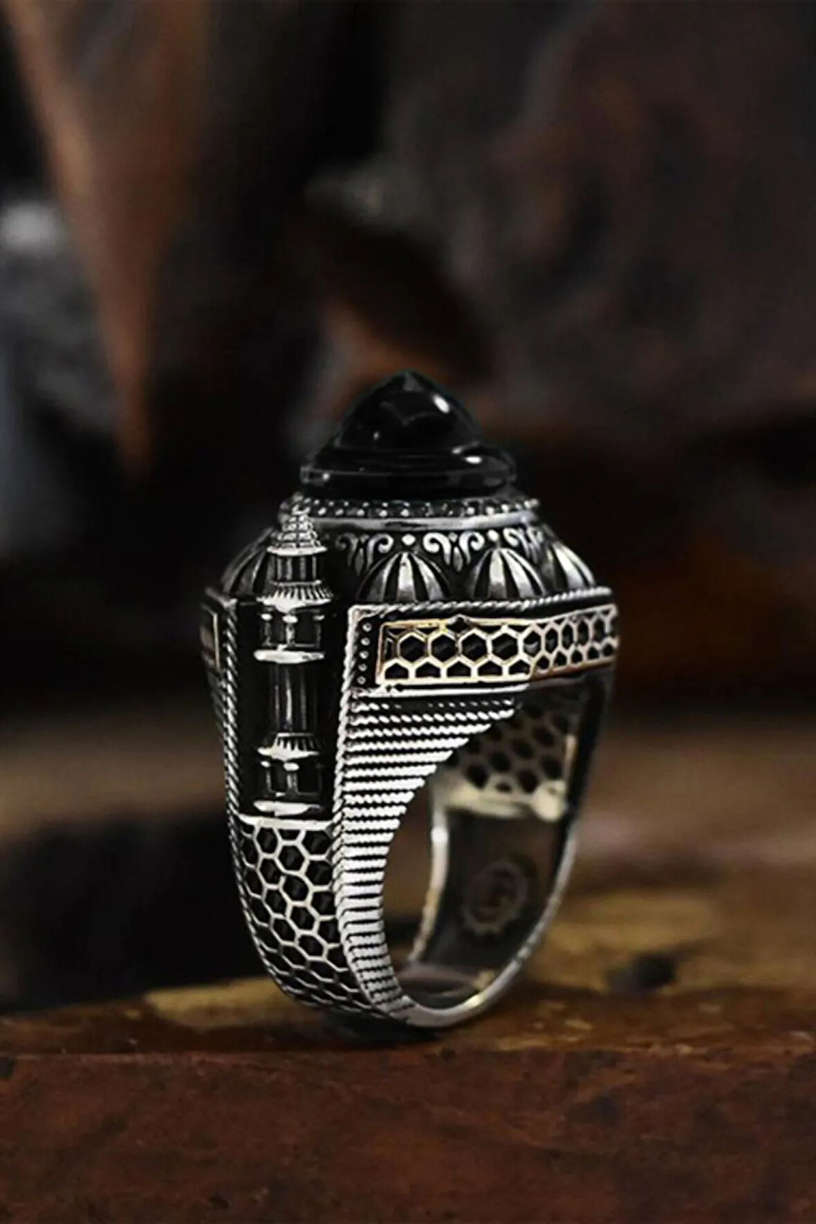 İslam Usta Tasarımı Siyah Kubbe Model Gümüş Erkek Yüzük