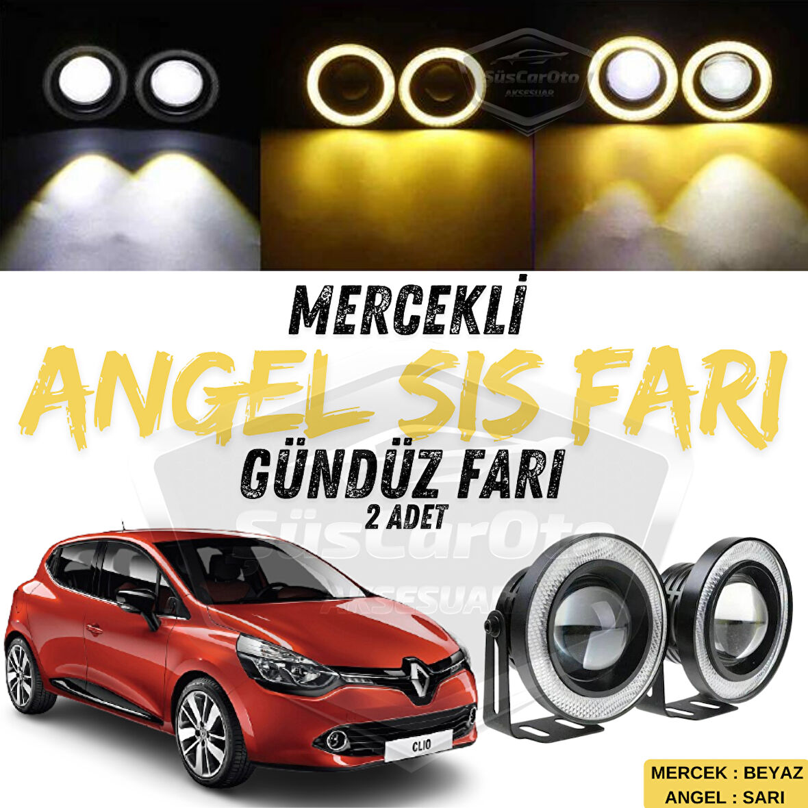 Renault Clio 4 2012-2020 Uyumlu Üniversal Mercekli Angel Sis Farı Metal Su Geçirmez 76 mm Sarı Halkalı Gündüz Farı Angel Eyes 2 Adet