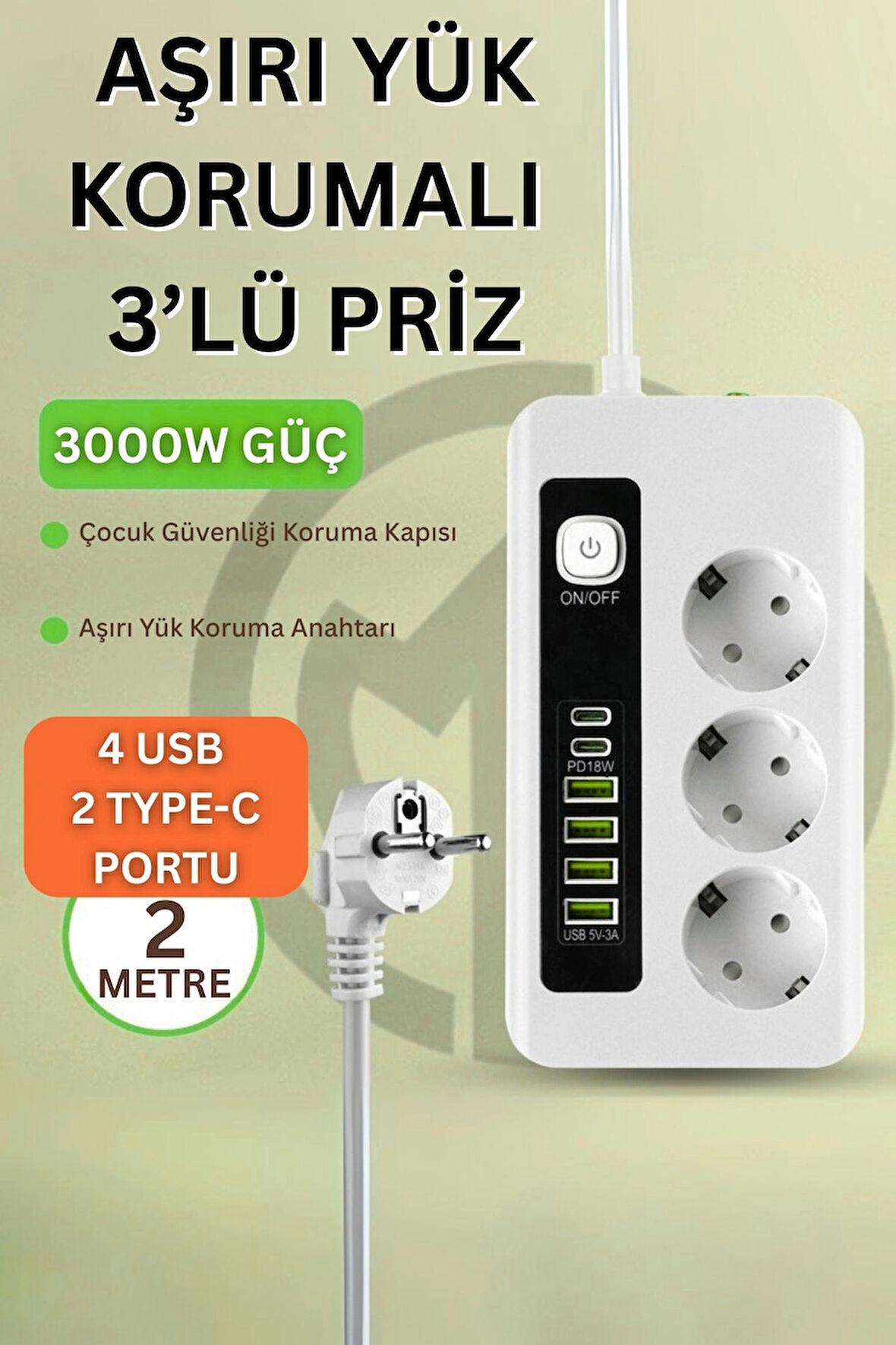 Pro P10 3x Priz 3000W Akım Korumalı 4x USB 2x Type-C Girişli Çoklu Priz