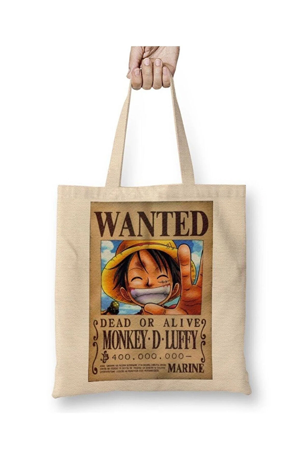One Piece Wanted Luffy Beyaz Bez Çanta Uzun Saplı Alışveriş Çantası Plaj Çantası