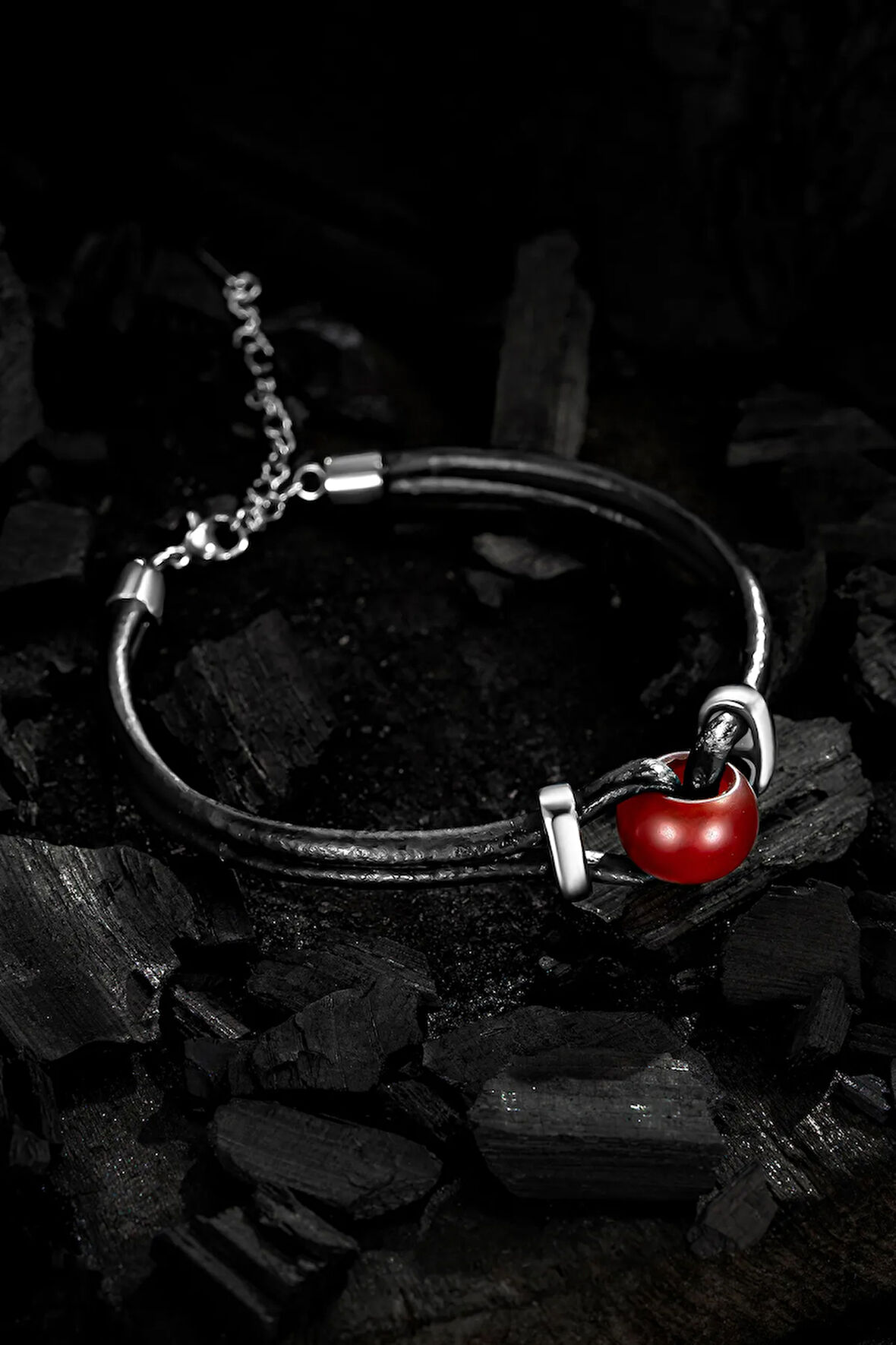 Erkek Çelik Bileklik - Kırmızı Akik Deri Çelik Erkek Bileklik