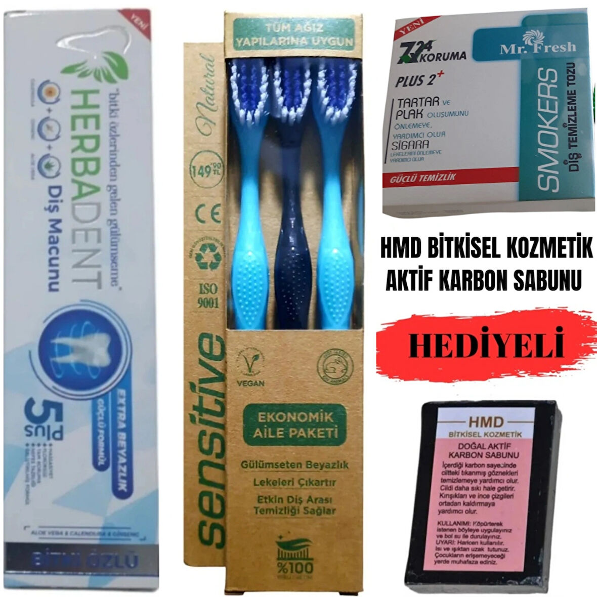 Bitki Özlü Diş Macunu-Diş Beyazlatma Tozu-3'lü Diş Fırça-Aktif Karbun Sabunu