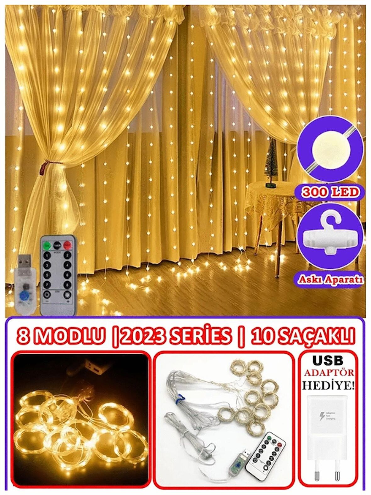 Dekoratif Led Işık Perde Led 3 Metre Kumandalı 8 Ayrı Moda Sahip 3 mt X 3 mt Perde Peri Led Usb