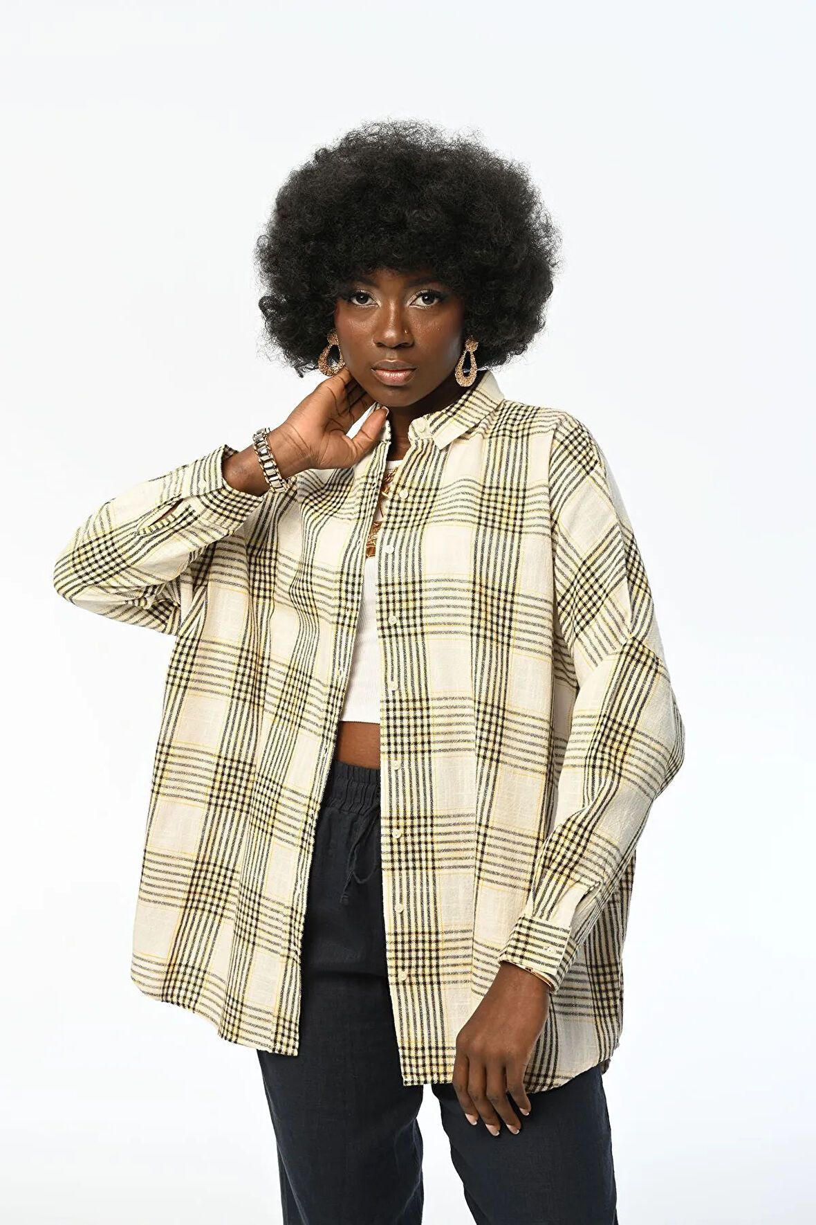 KADIN EKOSE DESENLİ OVERSİZE KESİM PAMUK GÖMLEK