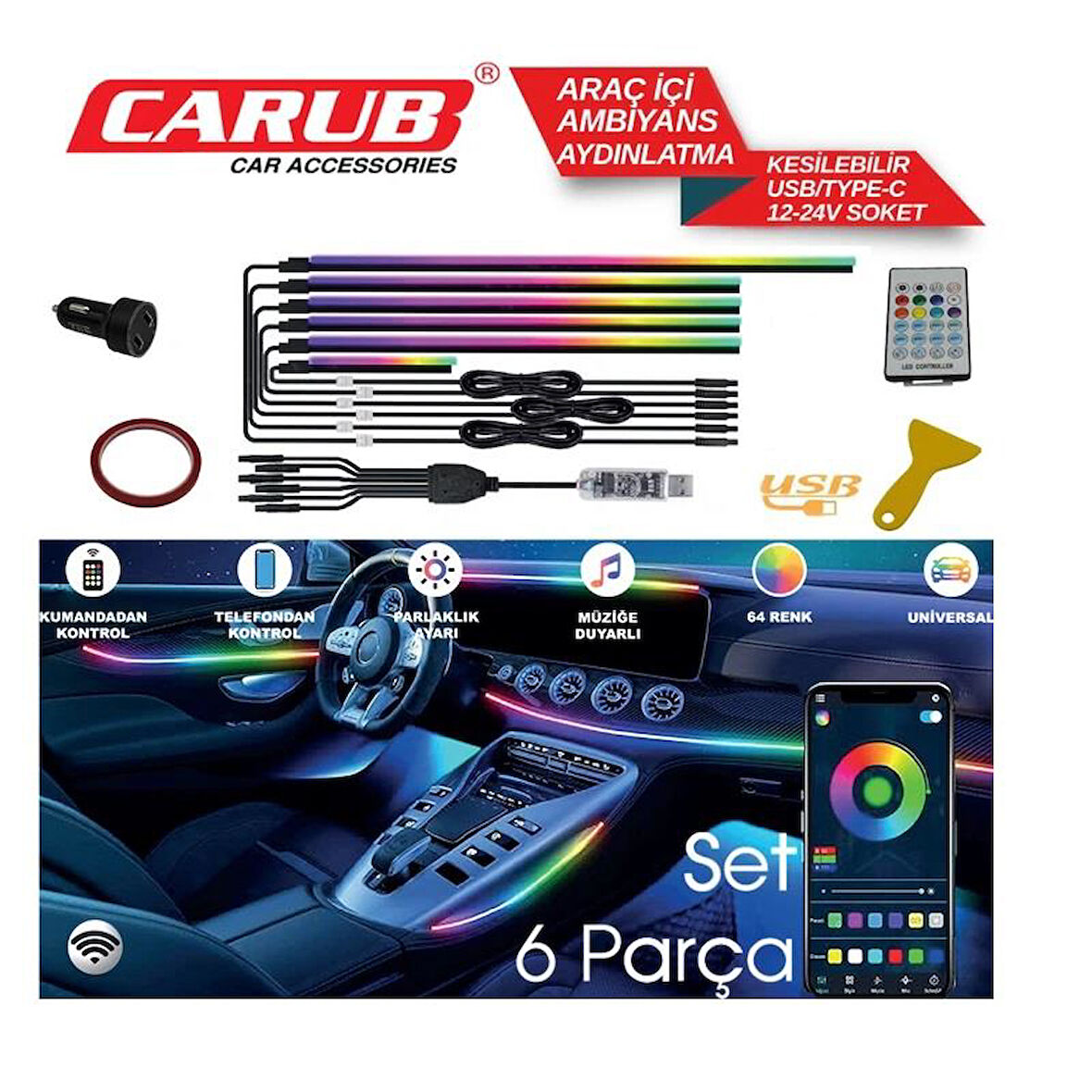  CARUB Araç İçi Ambiyans Wifi Kontrol Usb 6 Parça