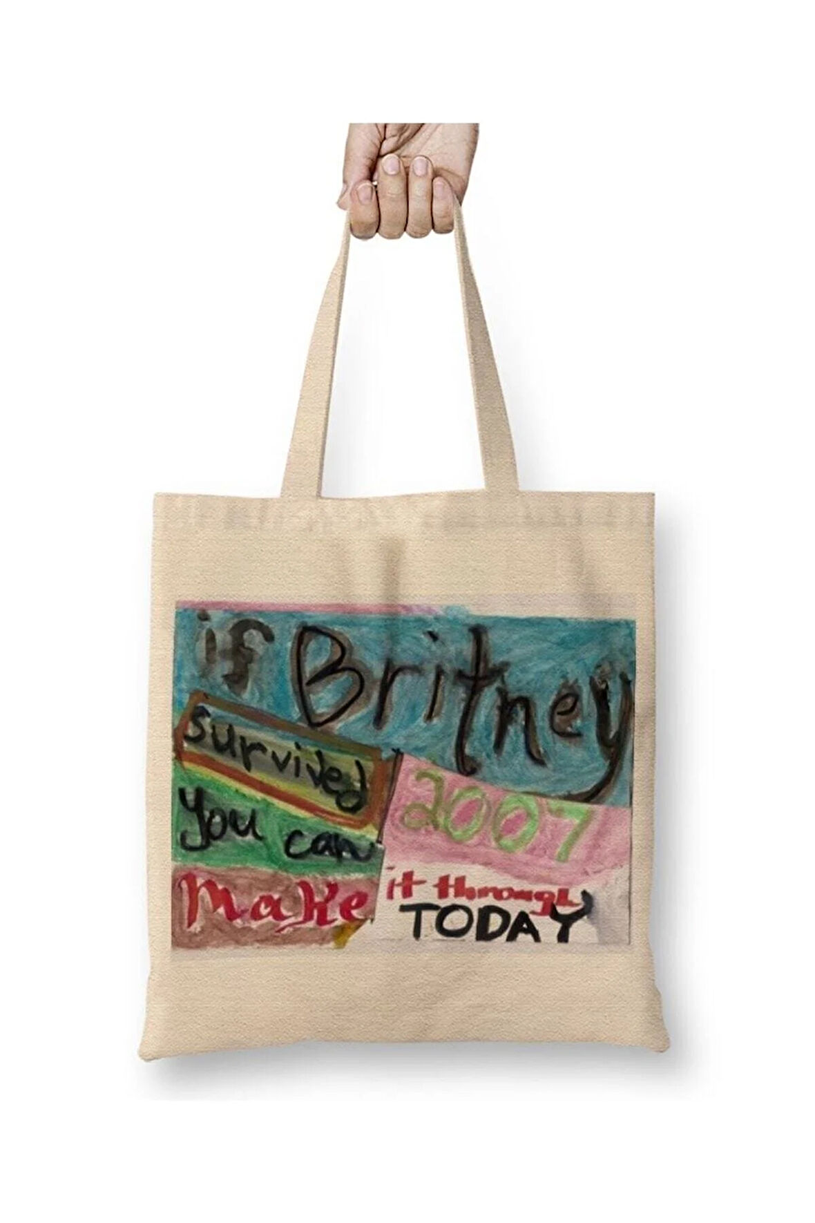 Britney Survived 2007 Beyaz Bez Çanta Uzun Saplı Alışveriş Çantası Plaj Çantası