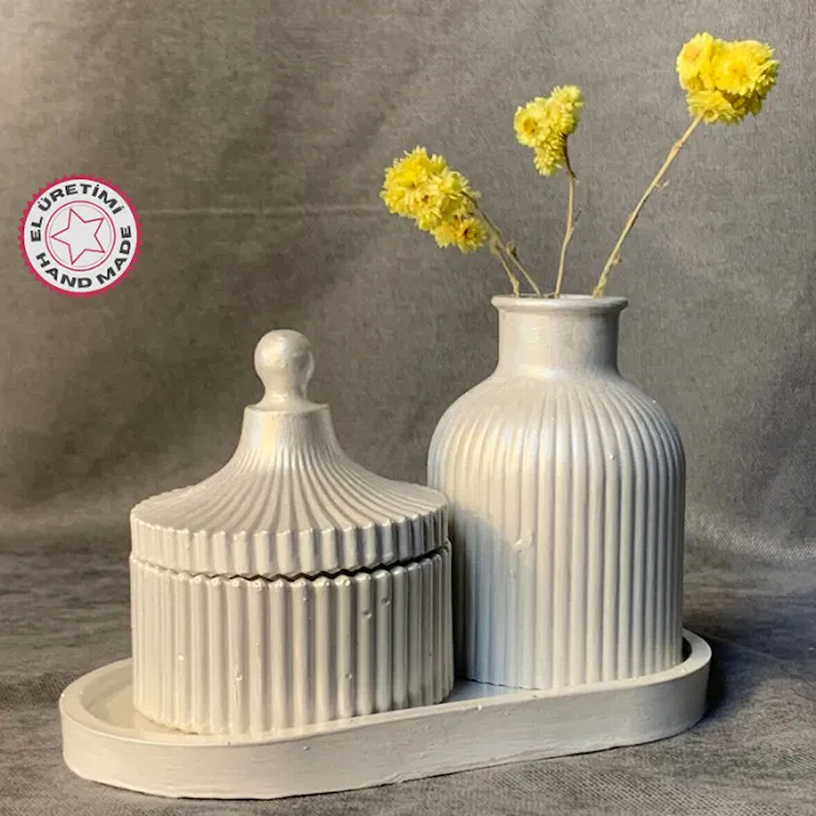 Uretti - Hülya 6683 - El Yapımı Üçlü Dekoratif Tepsi, Vazo ve Mumluk Seti