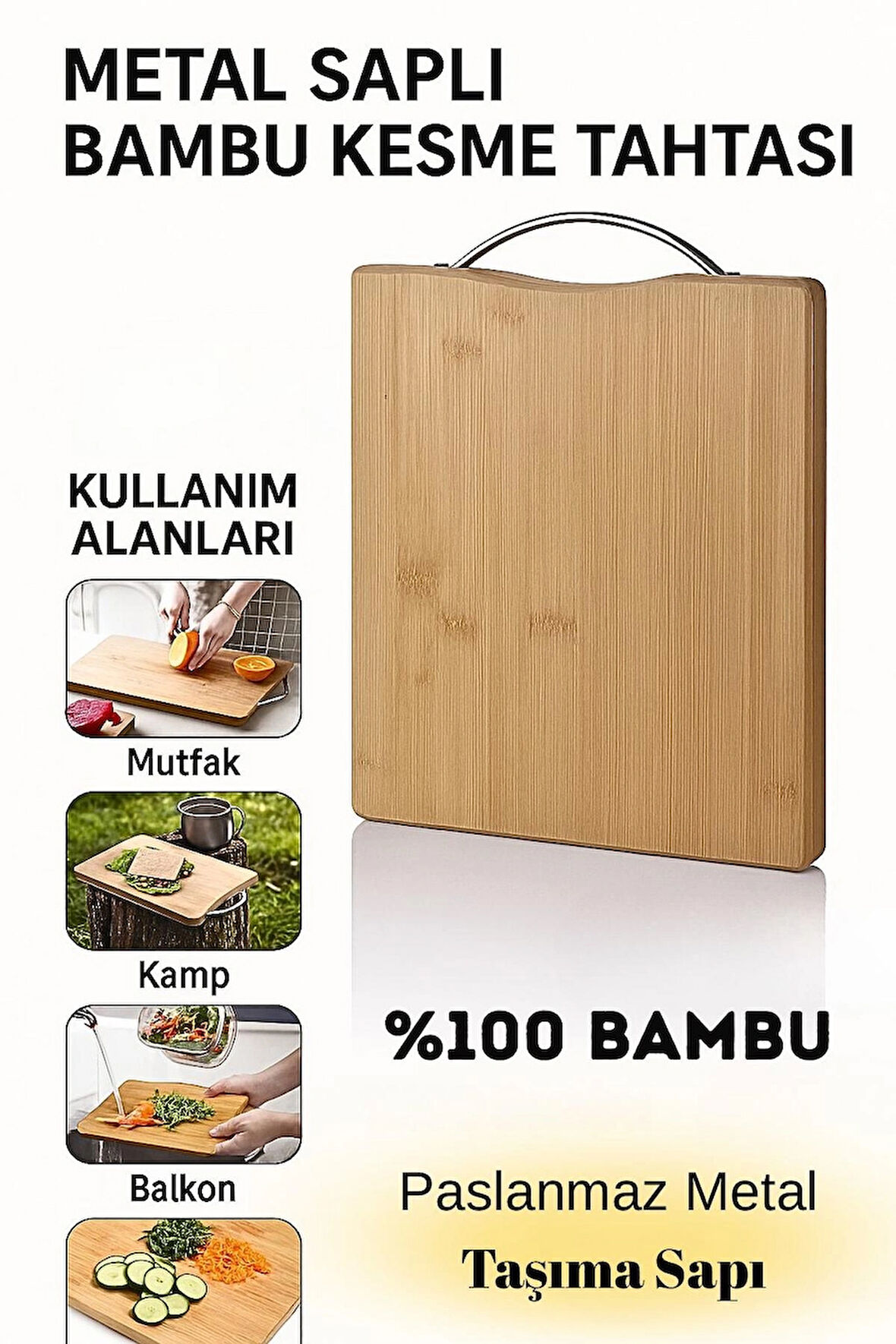 Metal Saplı 20x30 Bambu Kesme Tahtası – Paslanmaz Taşıma Saplı Doğrama Tahtası