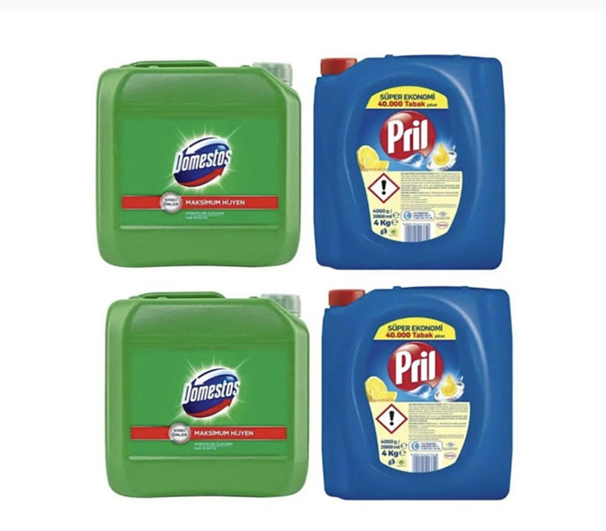 Pril Sıvı Bulaşık Deterjanı 2 'li Güç Limon 4kg ve Domestos Çamaşır Suyu Dağ Esintisi 2'li 3.5 kg