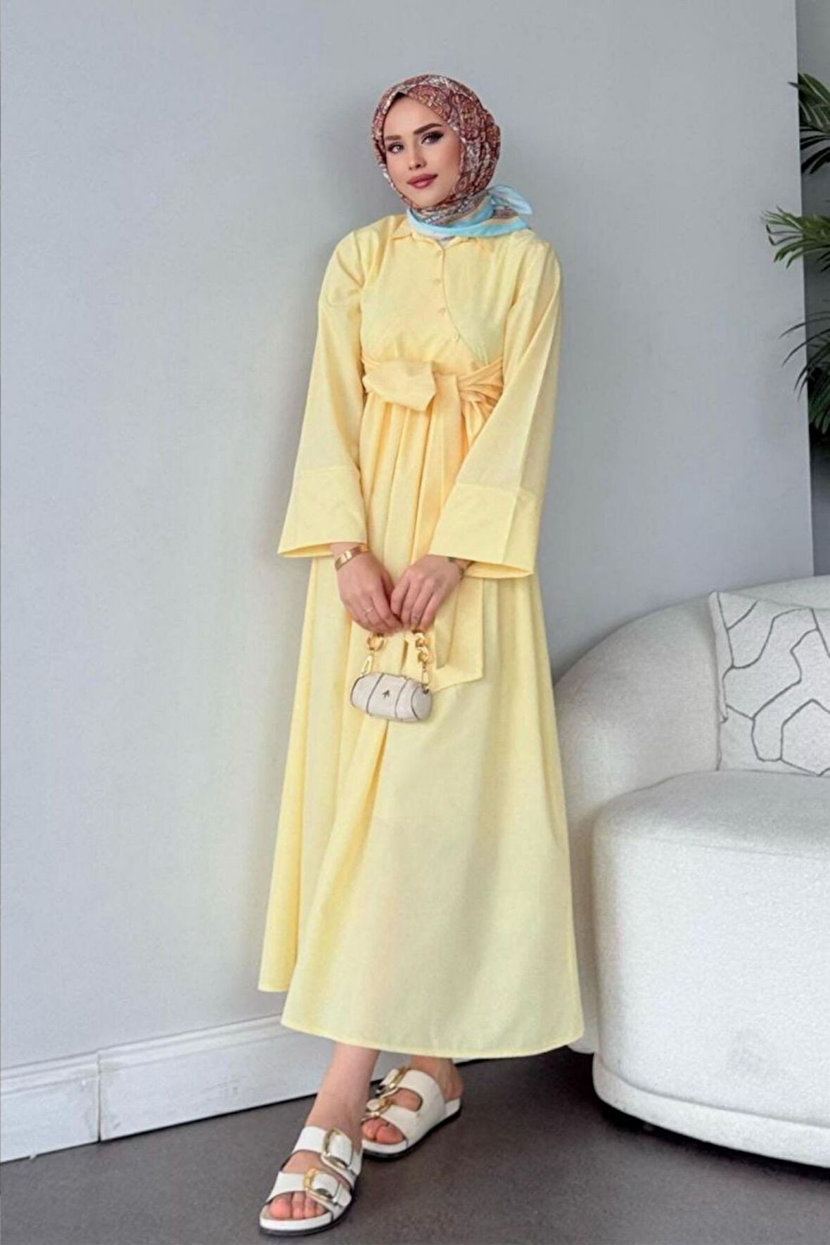 Gömlek Yaka Kuşaklı Çapraz Düğme Detay Tesettür Elbise