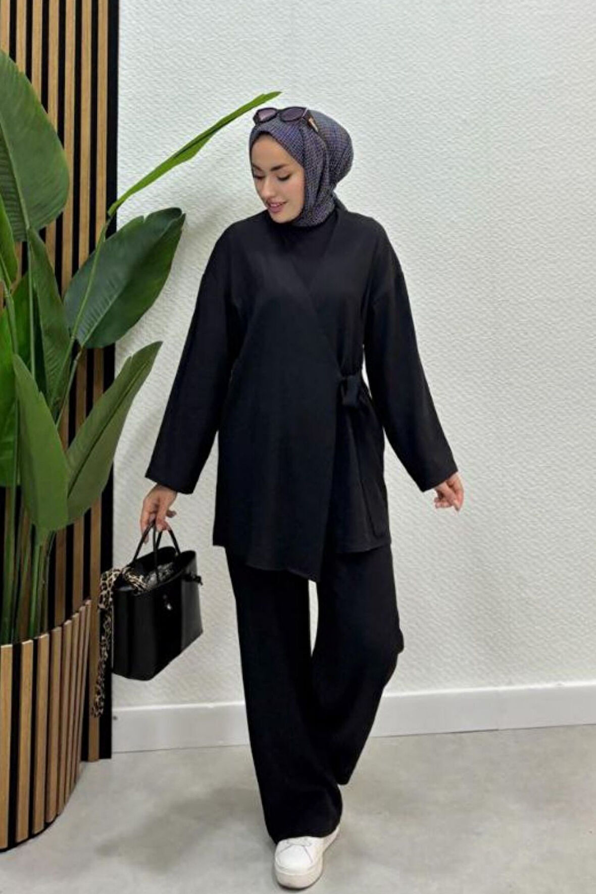 Kadın Çapraz Bağlamalı Keten Kimono Tesettür Pantolon Takım