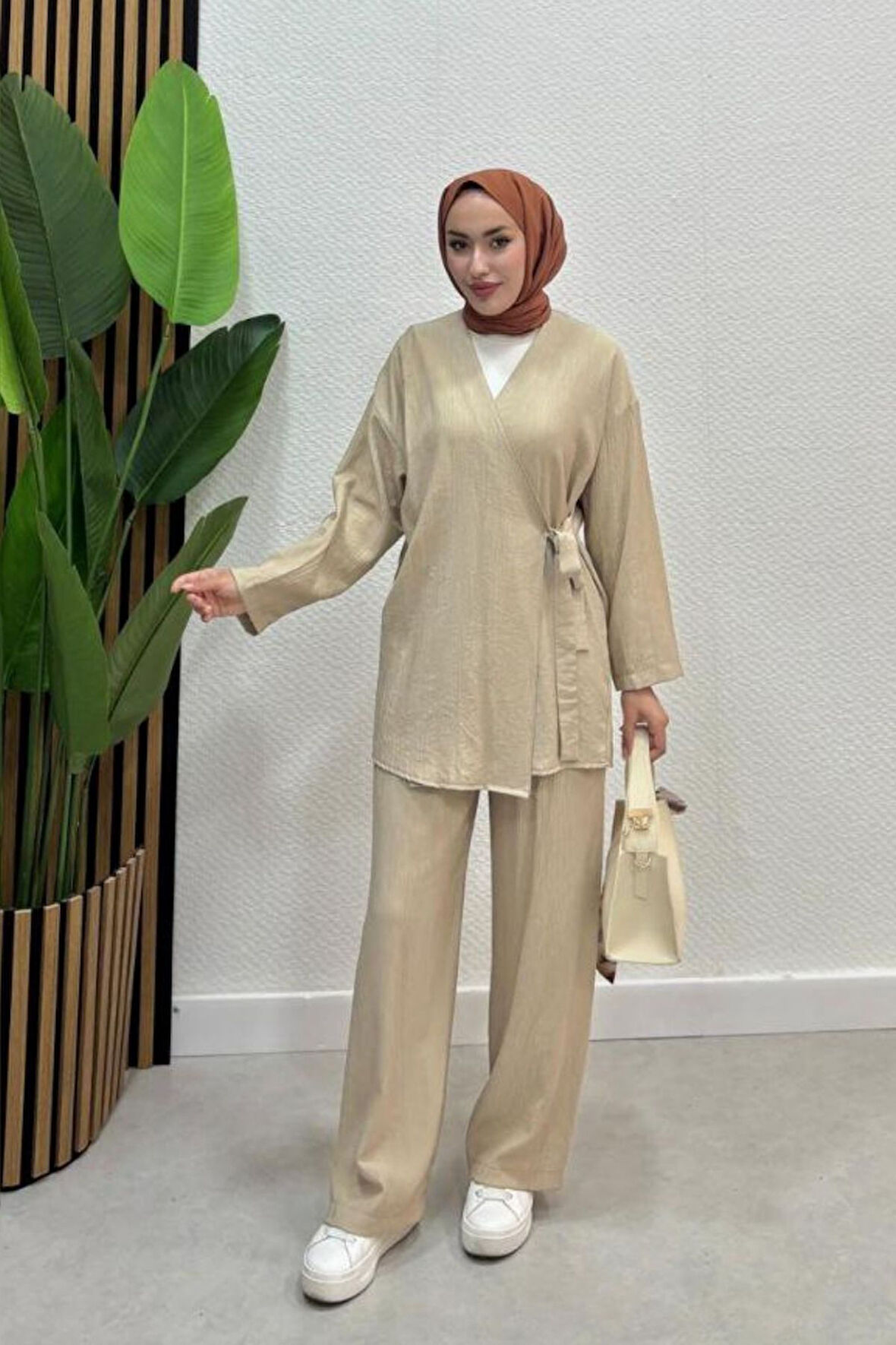 Kadın Çapraz Bağlamalı Keten Kimono Tesettür Pantolon Takım