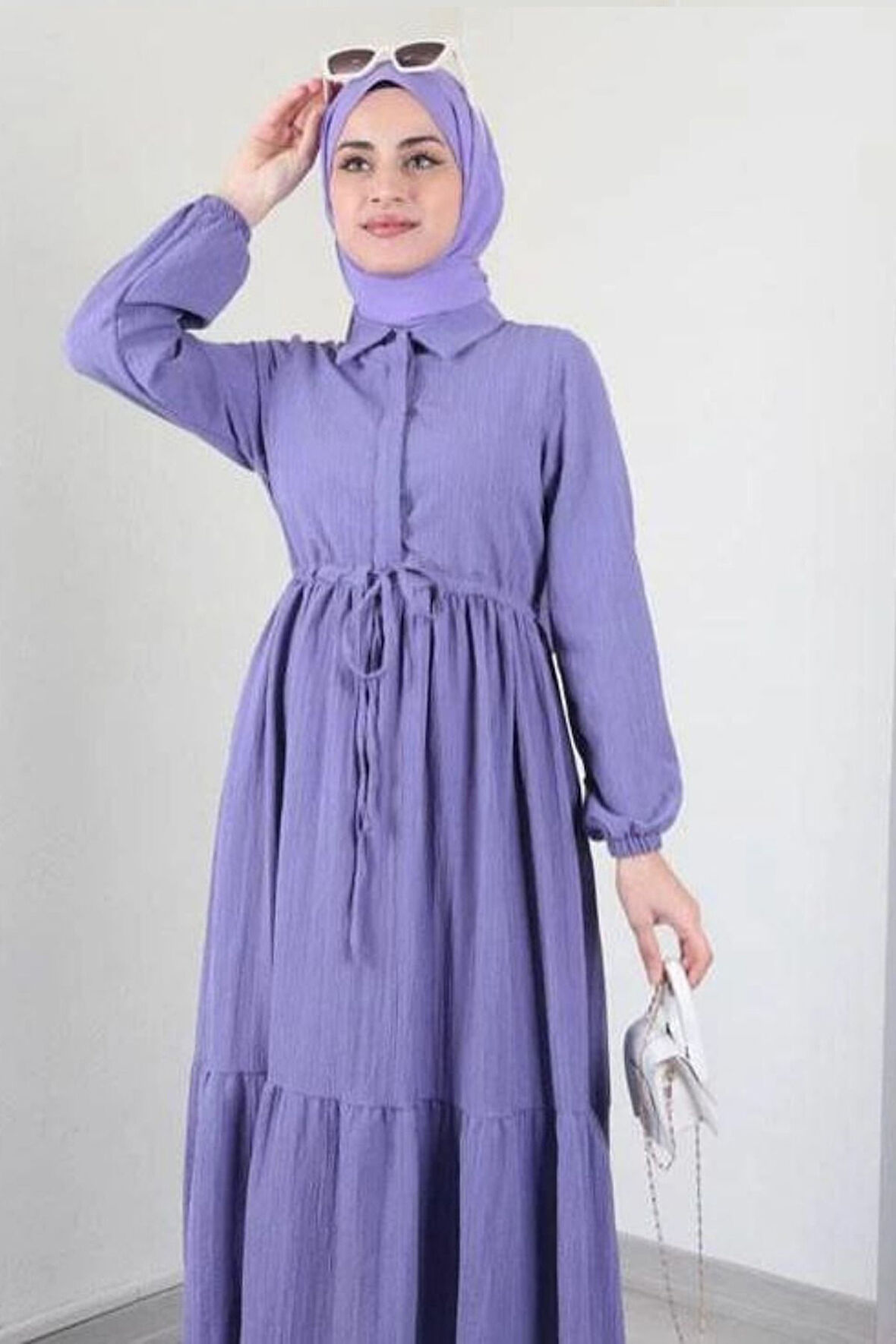 Kadın Tesettür Yarım Düğmeli, Belden Büzgülü Elbise