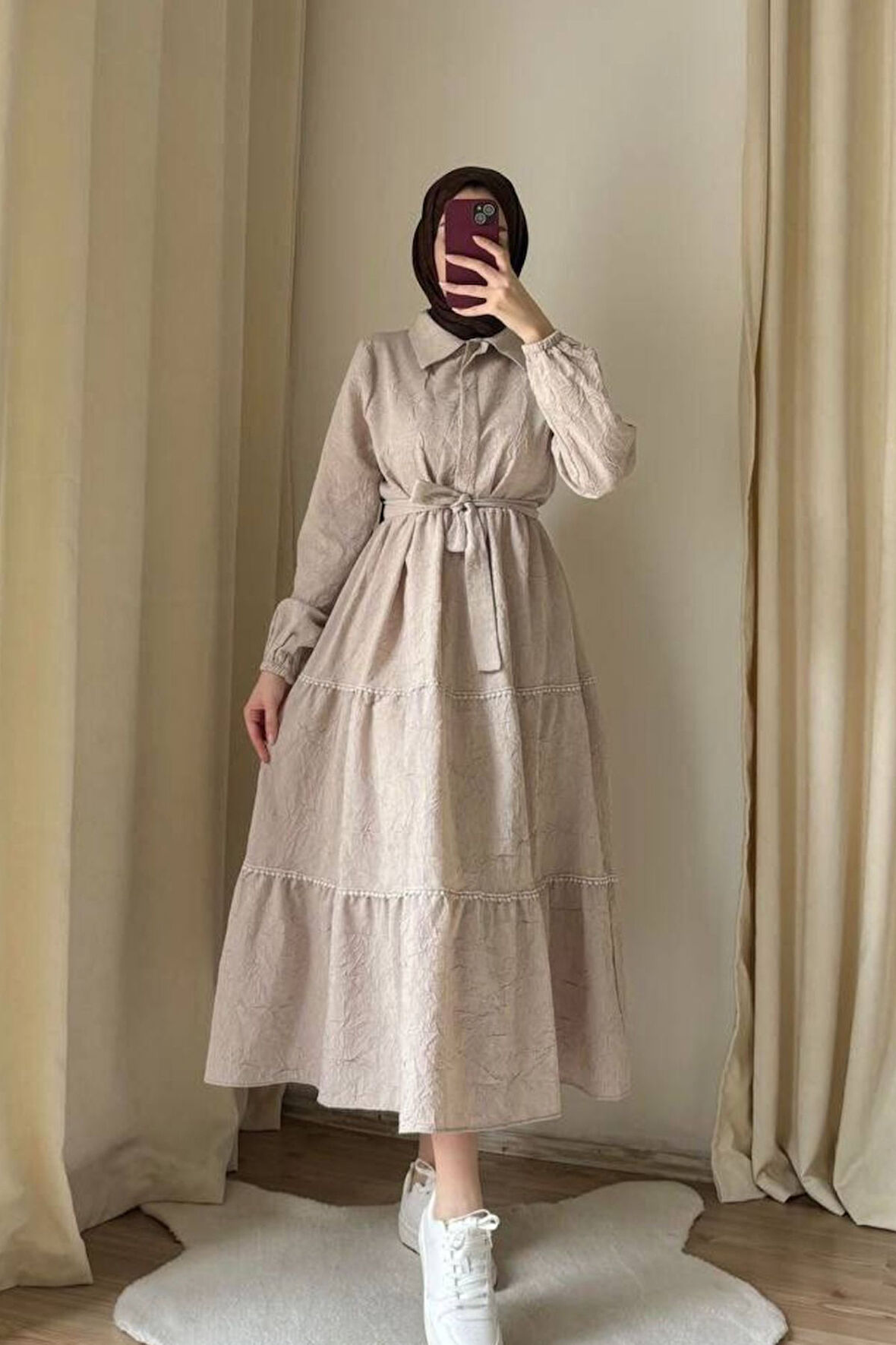 Kadın Gömlek Yaka Yarım Düğme Detay Kendinden Kırışık Monaka Tesettür Elbise