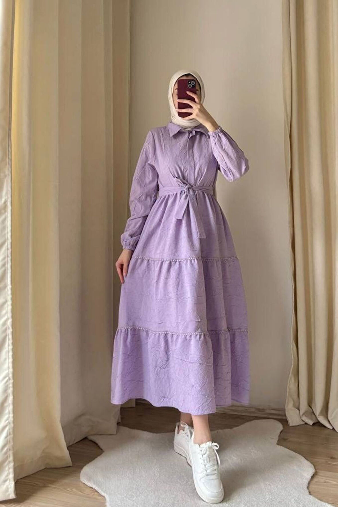 Kadın Gömlek Yaka Yarım Düğme Detay Kendinden Kırışık Monaka Tesettür Elbise