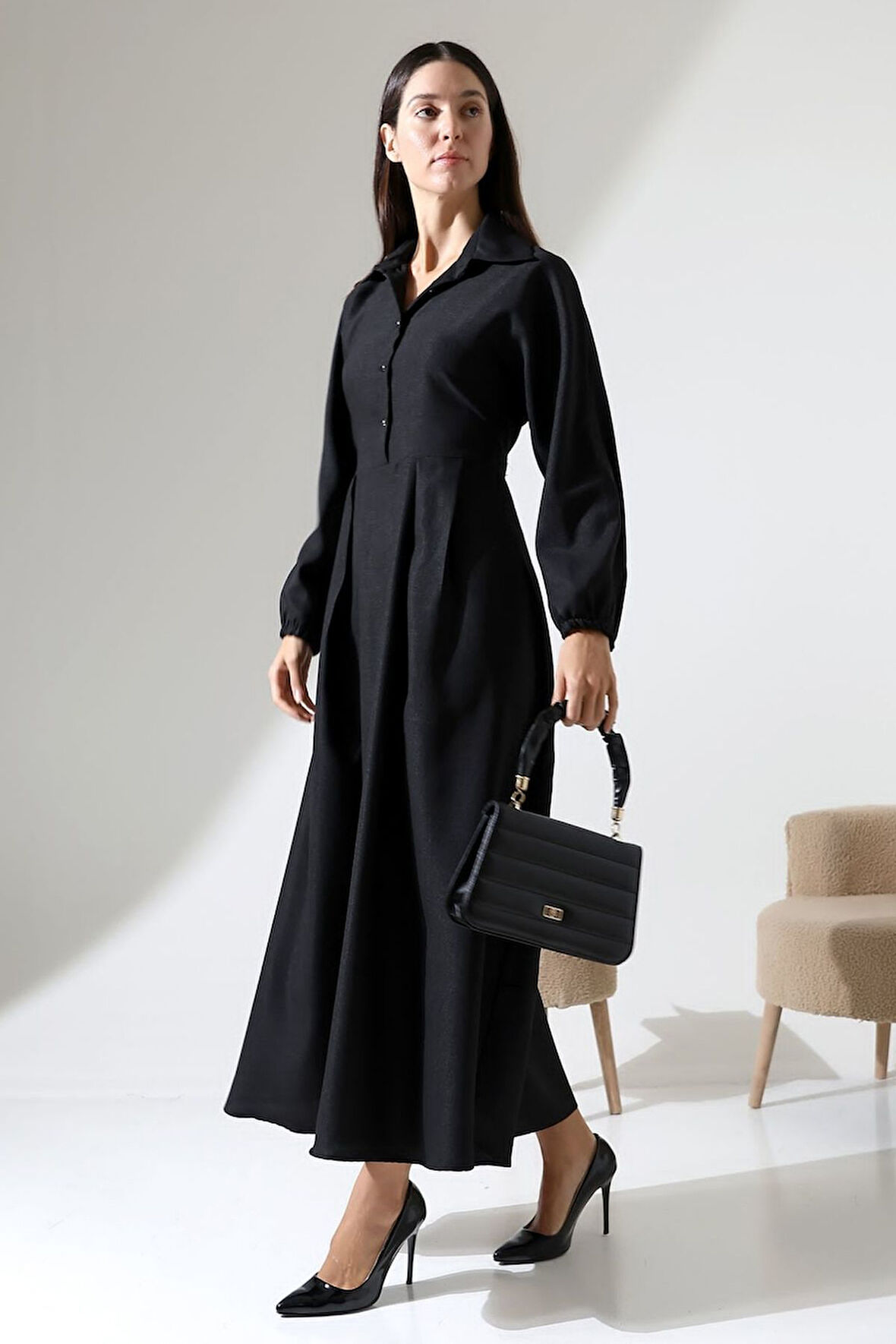 Kadın Belden Oturtmalı Kendinden Kuşaklı Keten Tesettür Elbise