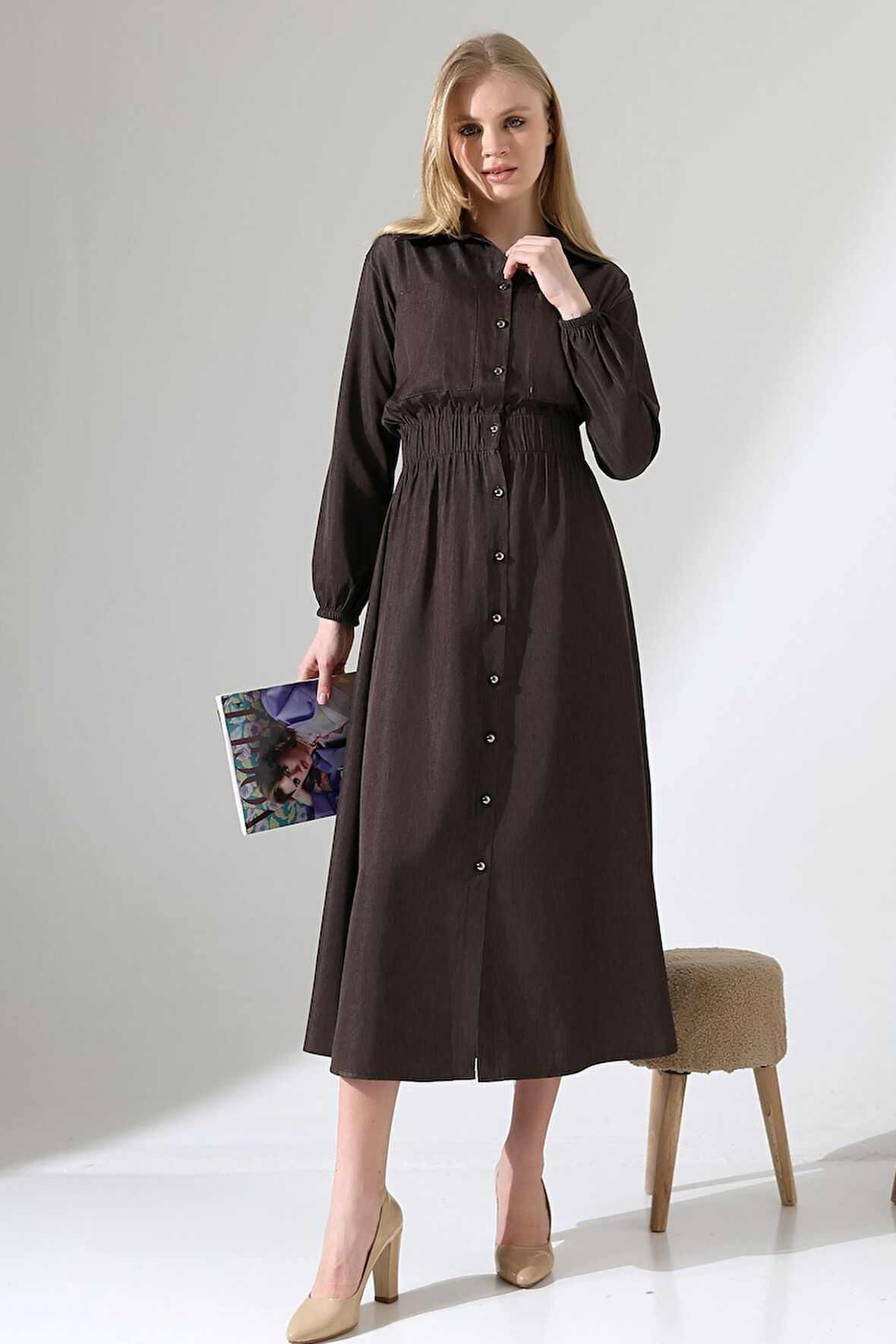 Kadın Boydan Düğmeli Bel Lastik Torba Cepli Tesettür Elbise