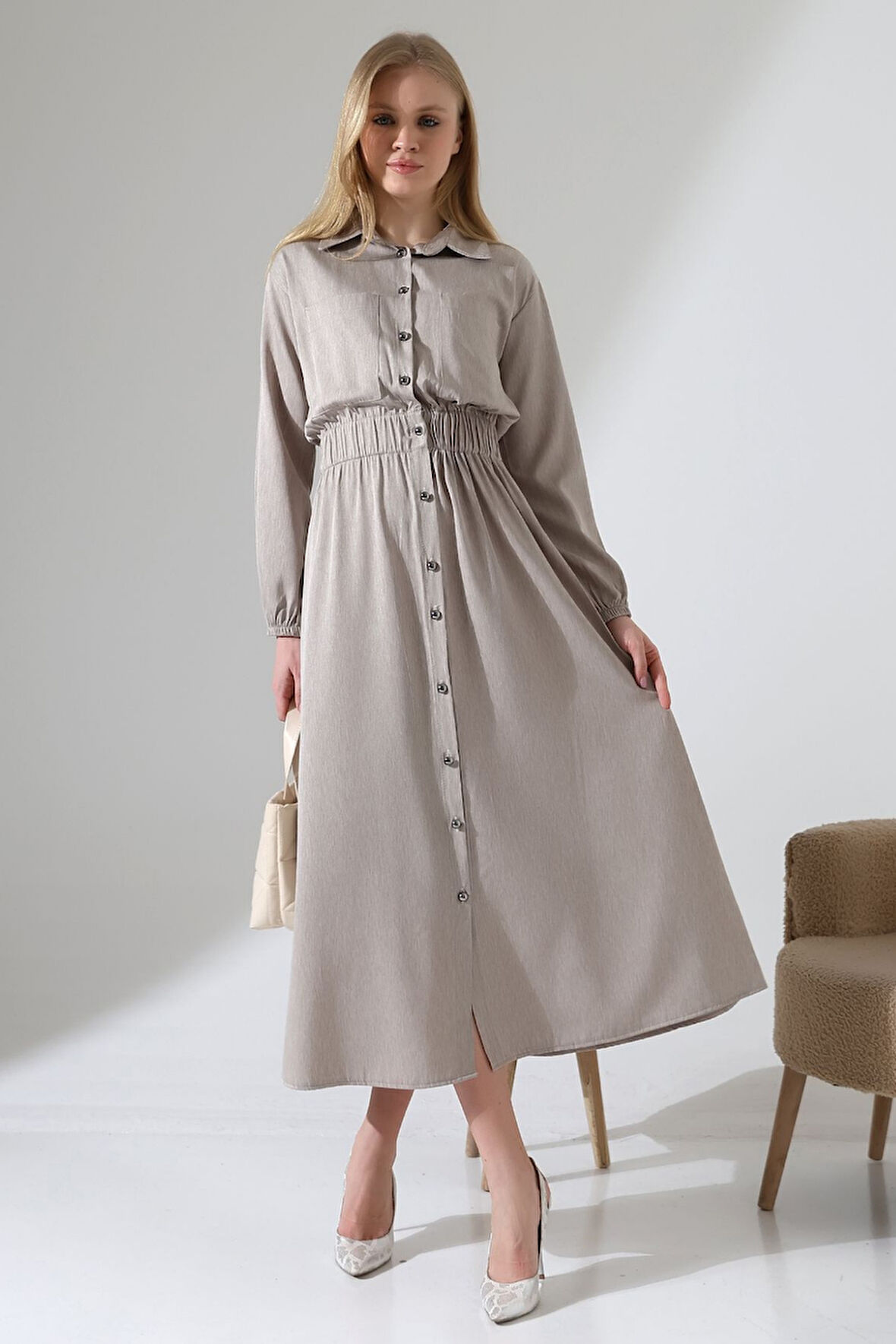 Kadın Boydan Düğmeli Bel Lastik Torba Cepli Tesettür Elbise