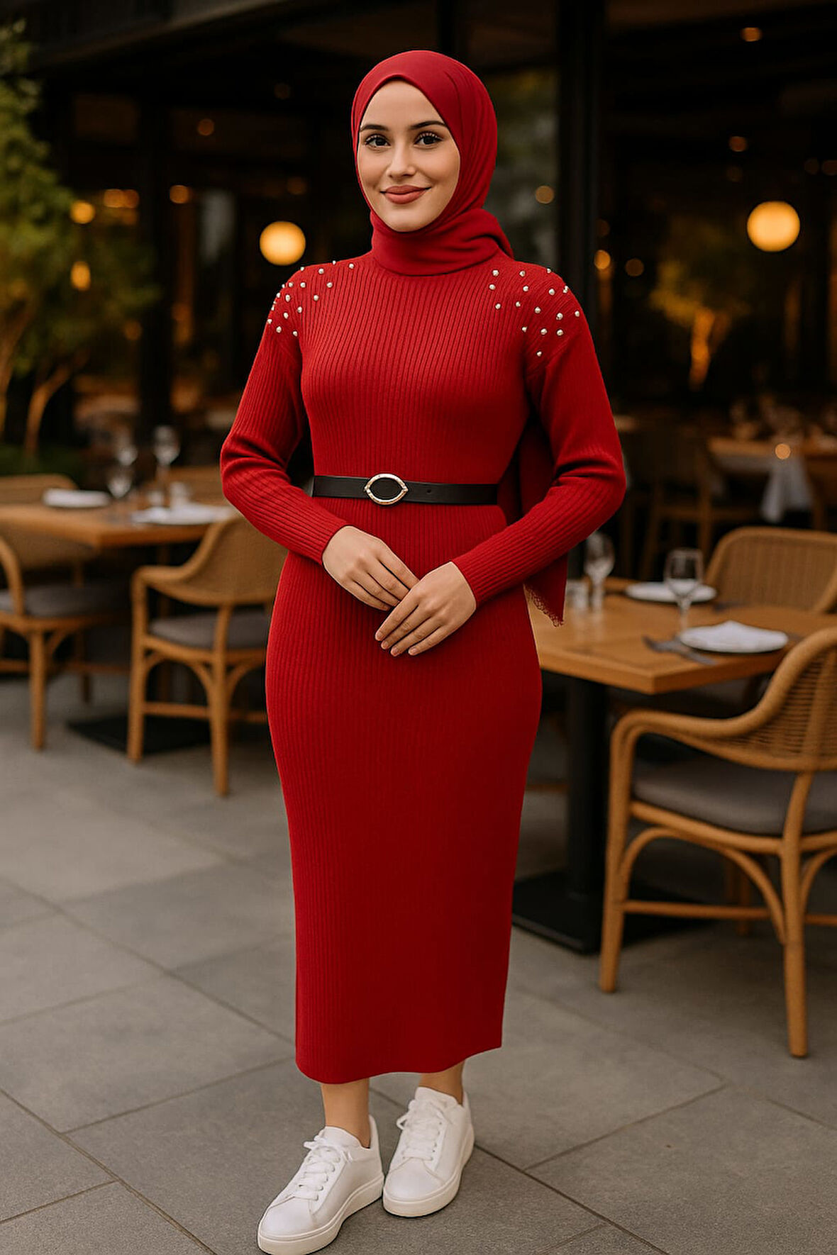 Boğazlı İnçe Fitilli Omuz İnci Detaylı Triko Elbise